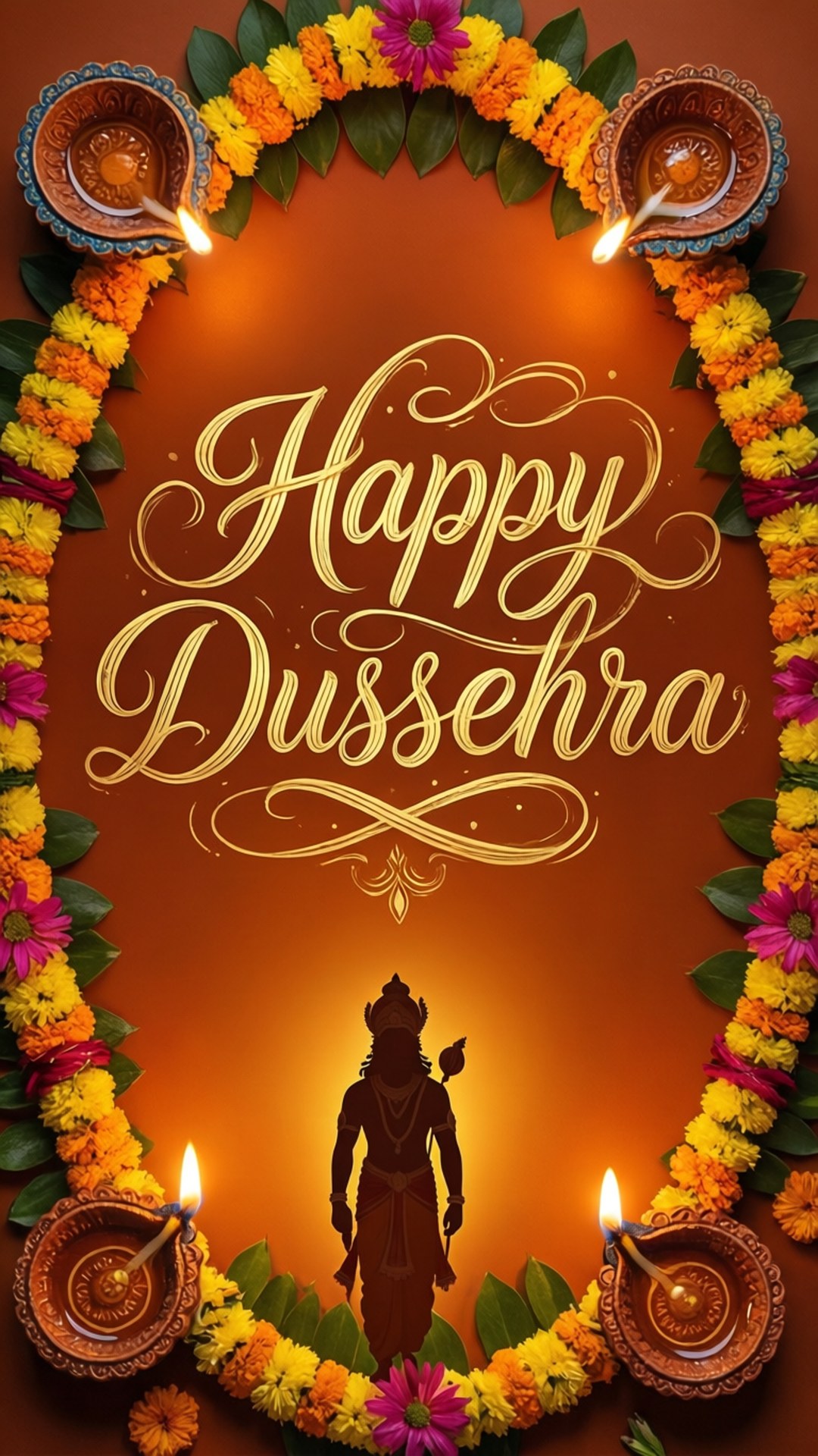 節日 Dussehra 問候，帶有花環、油燈和羅摩勳爵剪影，背景溫暖。