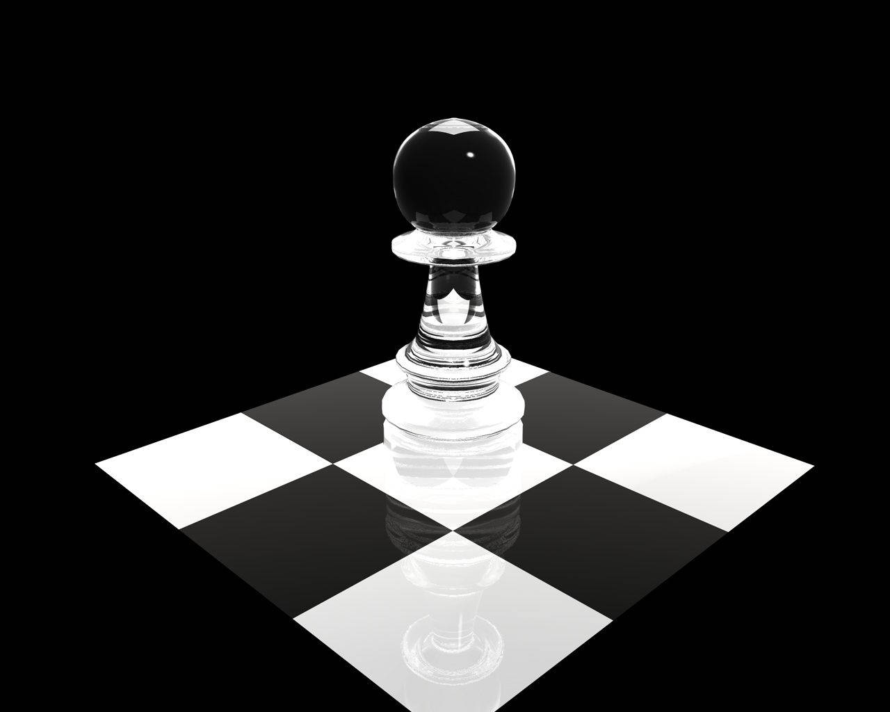 優雅玻璃兵 壁紙 — 一個玻璃棋子企喺反射黑白棋盤嘅中央，背景係純黑色。