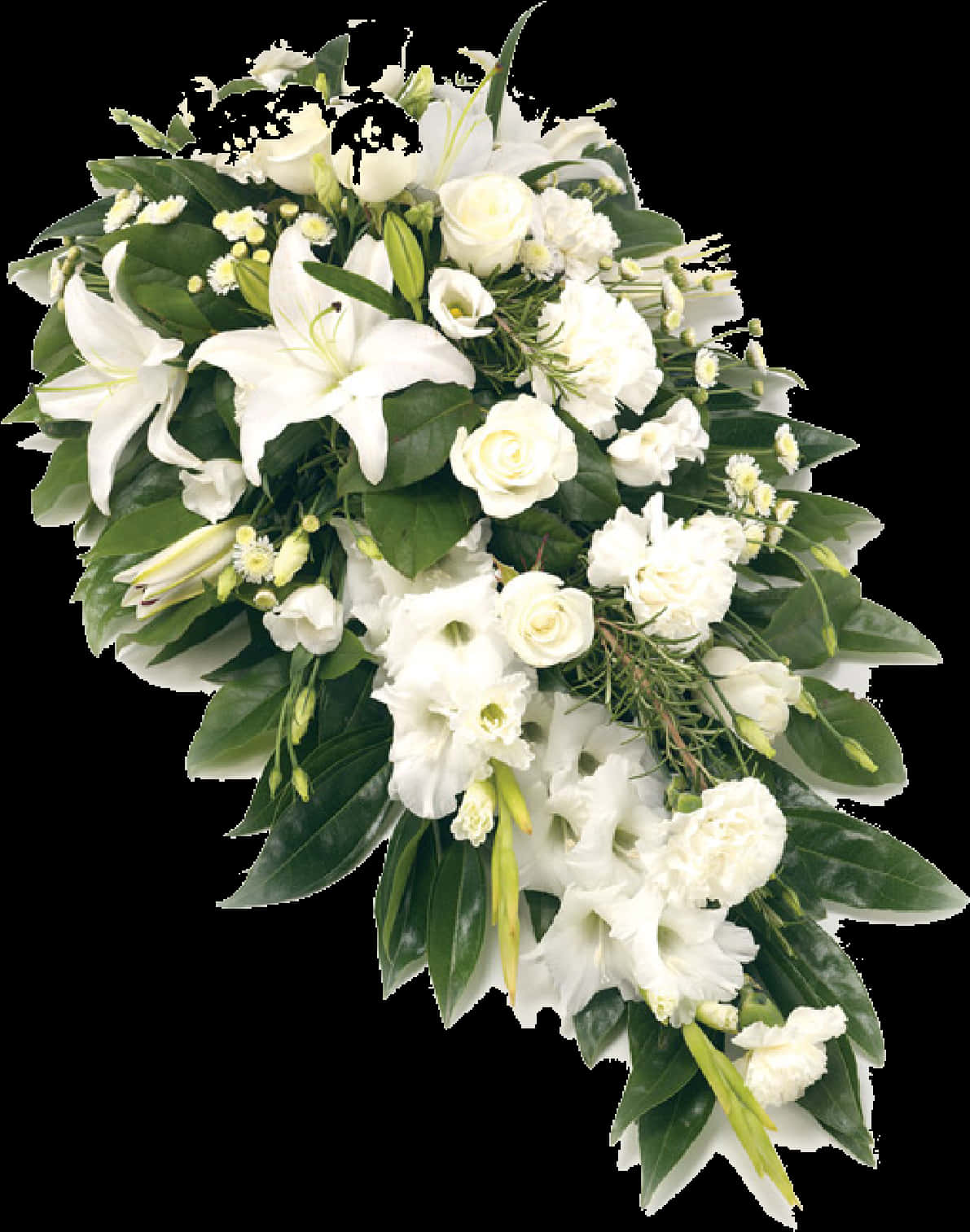 優雅白色花卉佈置 壁紙 — 白色百合、玫瑰和綠植組成的層疊葬禮花圈，襯托在純黑背景上。