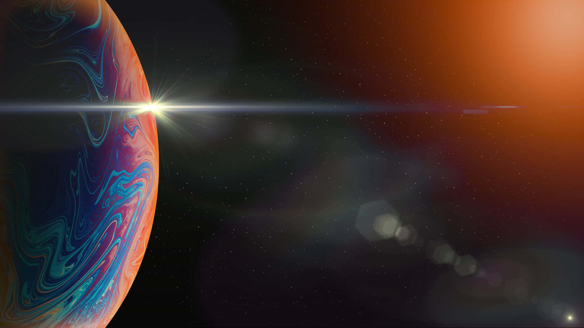太空中一顆色彩繽紛的旋轉行星，帶有鏡頭光暈和星星