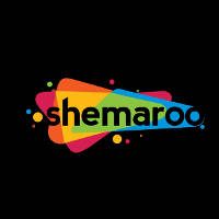 黑色背景上帶有文字shemaroo的彩色彩虹濺射標誌