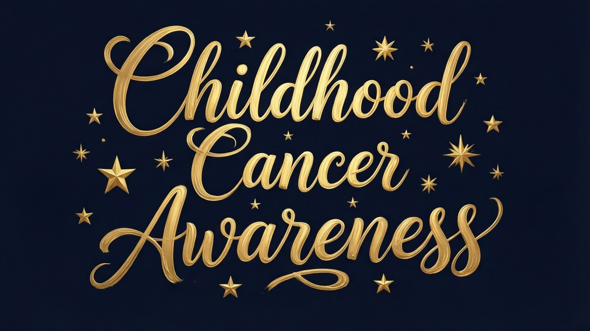 深藍色背景上以金色字體和星星呈現的 Childhood Cancer Awareness
