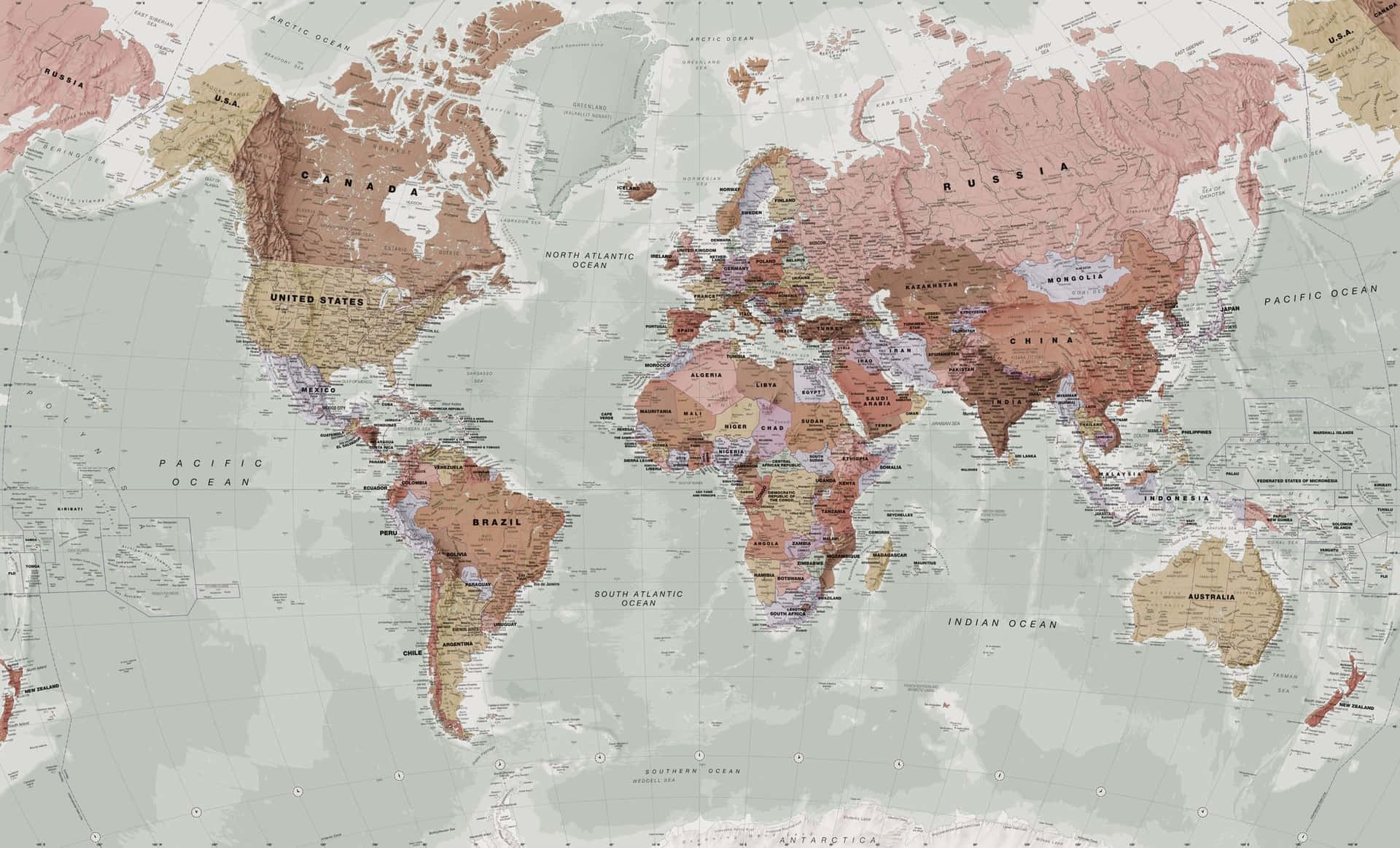 復古世界地圖，國家和海洋以大地色調標示。