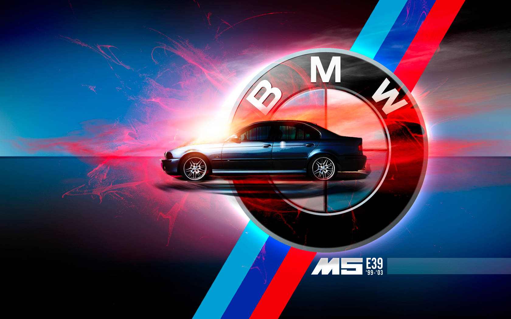 黑色BMW M5 E39房車在色彩繽紛的抽象能量隧道中疾馳。