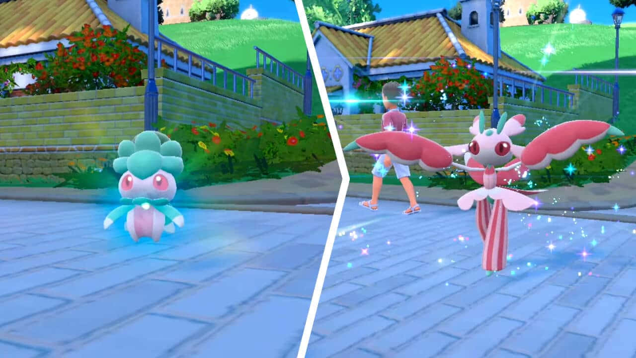 優雅的寶可夢 Fomantis 與 Lurantis 壁紙 — 一個分屏的寶可夢遊戲場景顯示玩家角色在鵝卵石街道上面對兩隻發光的寶可夢，背景有色彩繽紛的花朵和瓦頂建築。