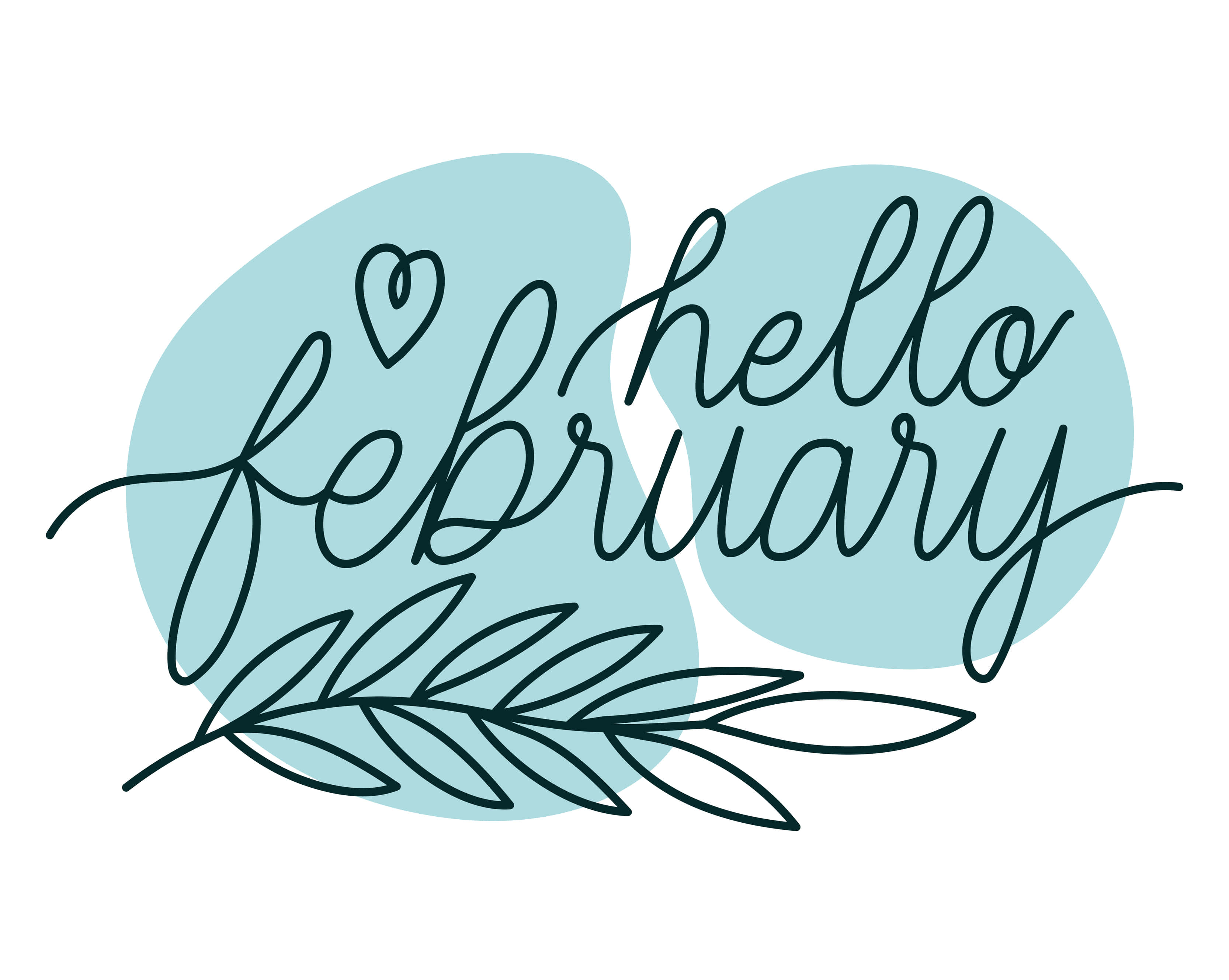 二月 桌布 壁紙 — 優雅的手寫文字寫著 hello february，配上心形和樹葉枝條，在柔和的青綠色抽象形狀上。