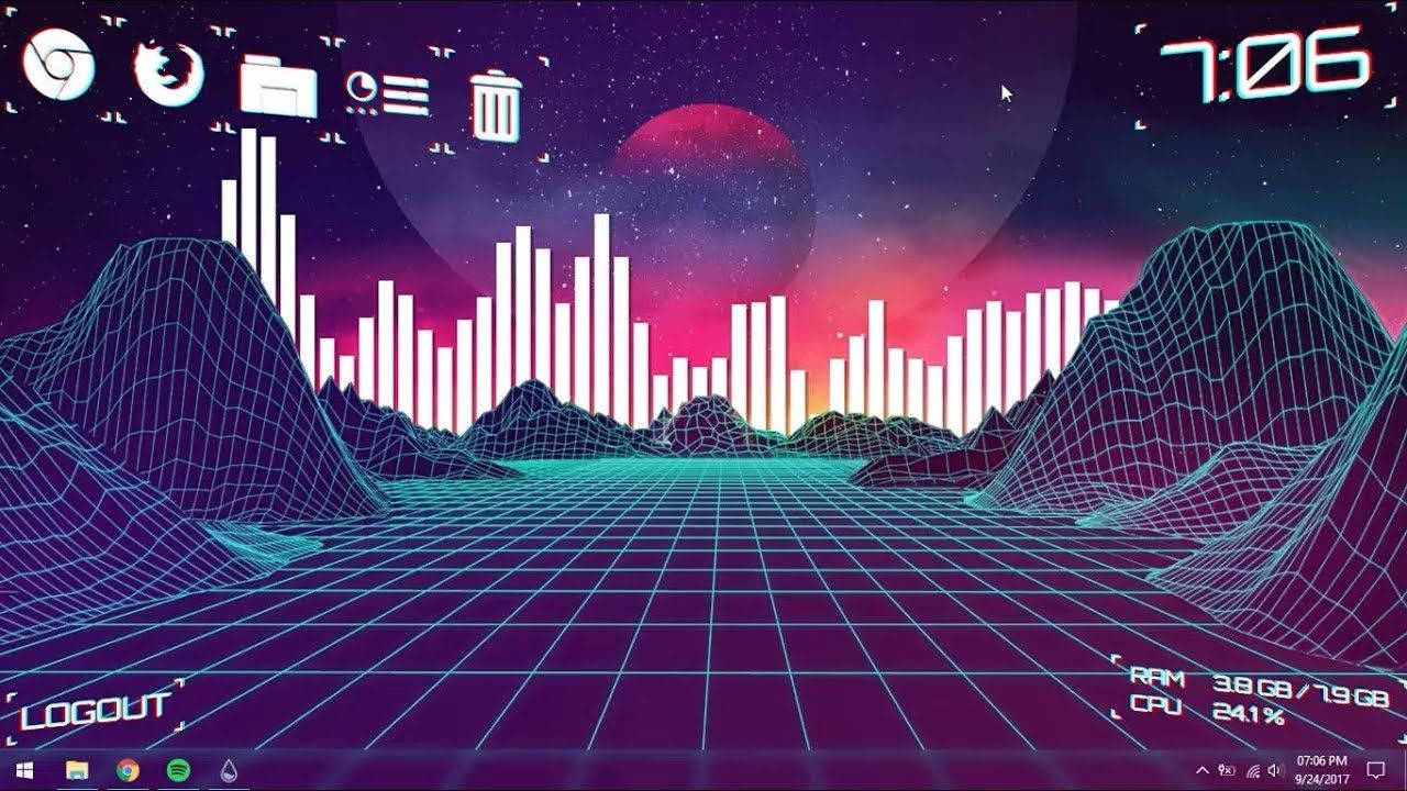 優雅的桌面美學佈置 壁紙 — 一個充滿霓虹燈的復古未來主義景觀，有線框山脈和網格地板，星空下有一顆紅色行星。
