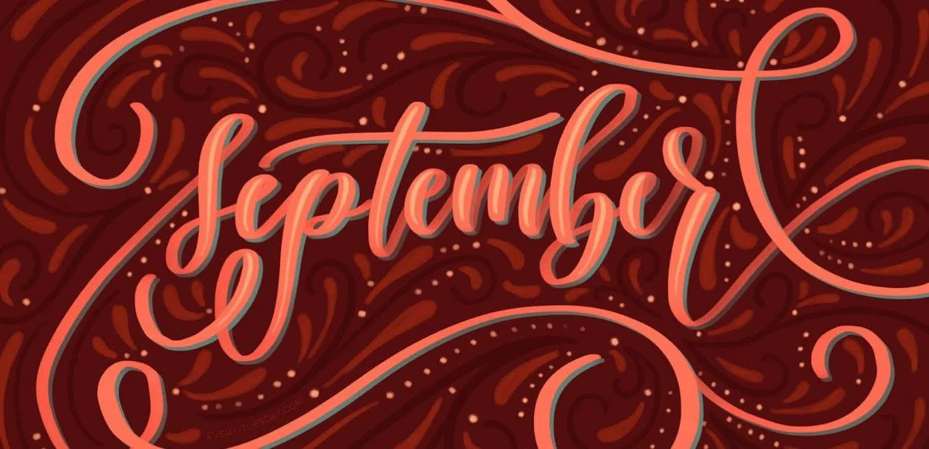 September 桌布 壁紙 — 優雅的珊瑚色字體拼寫出September，在帶有圓點裝飾的濃郁酒紅色漩渦背景上流動。