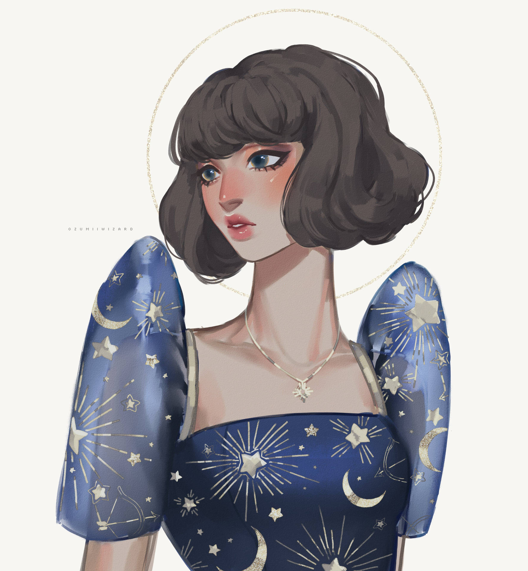 動漫女孩身穿星藍色連衣裙，帶有金色光環和天體圖案。