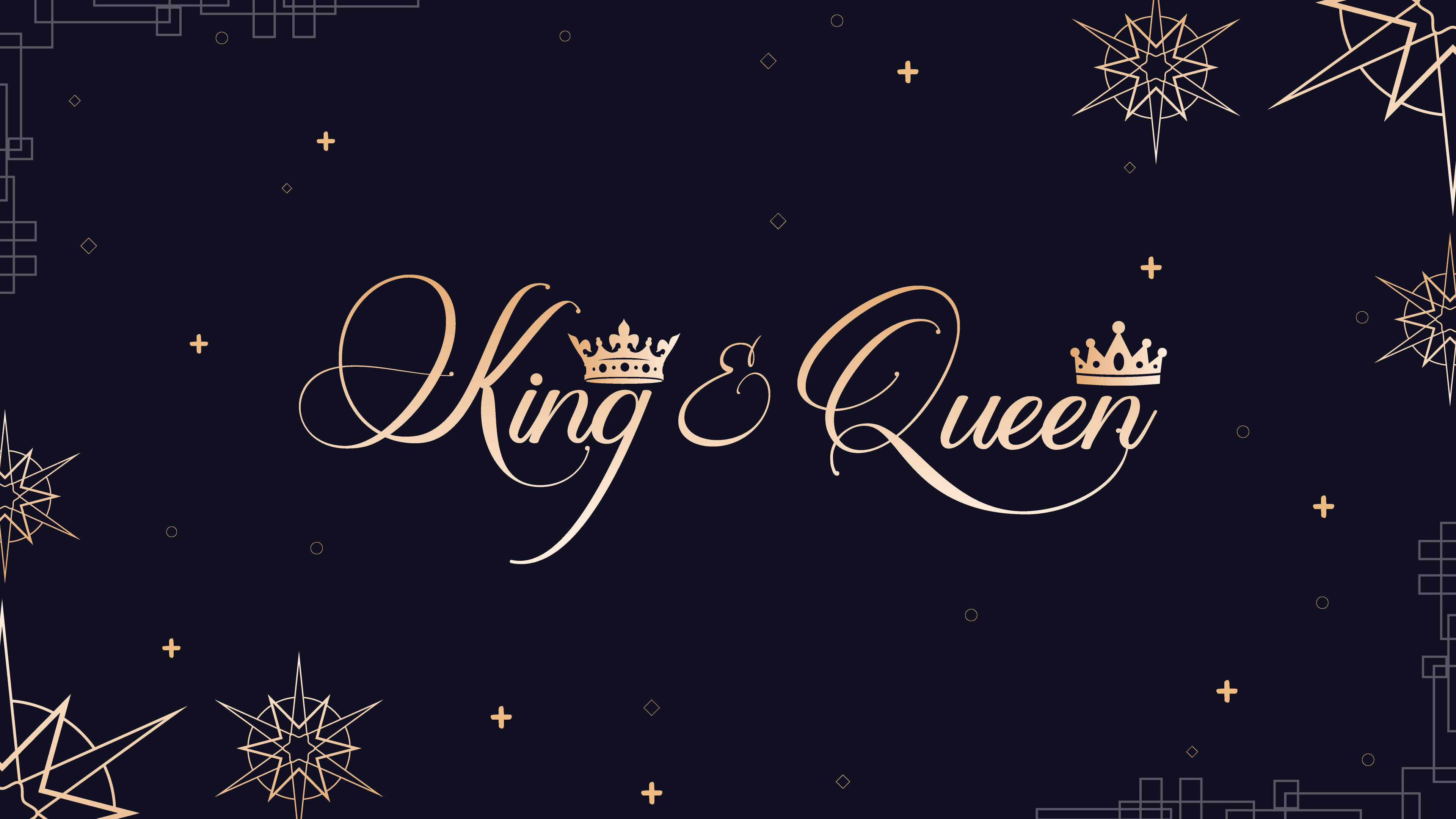 Stars 桌布 壁紙 — 優雅的金色字體寫著 King & Queen，帶有皇冠，襯托深海軍藍背景，飾以幾何星爆圖案。