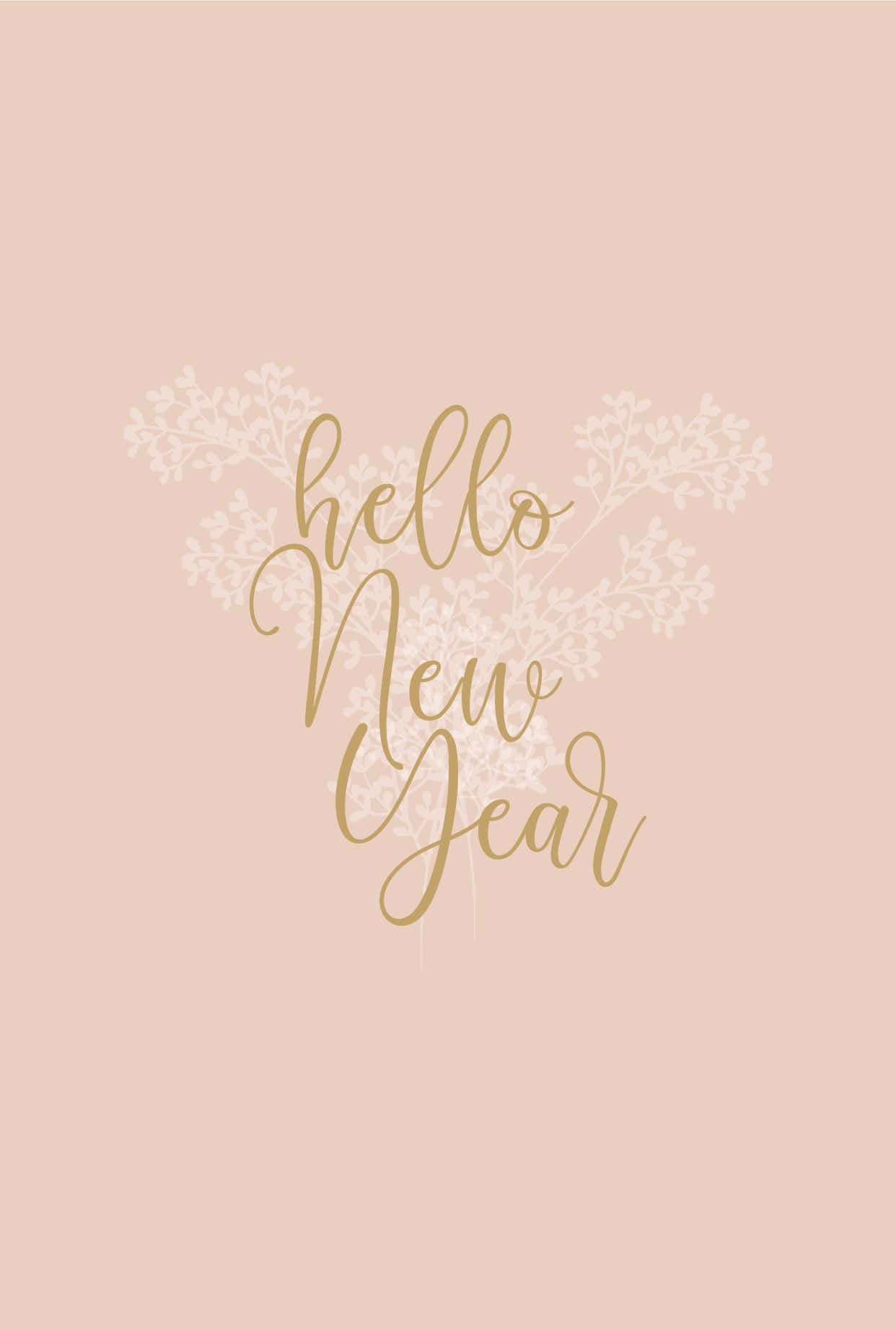 一月 桌布 壁紙 — 優雅的金色草書文字 hello New Year，以精緻的白色花枝環繞，襯以柔和腮紅背景。