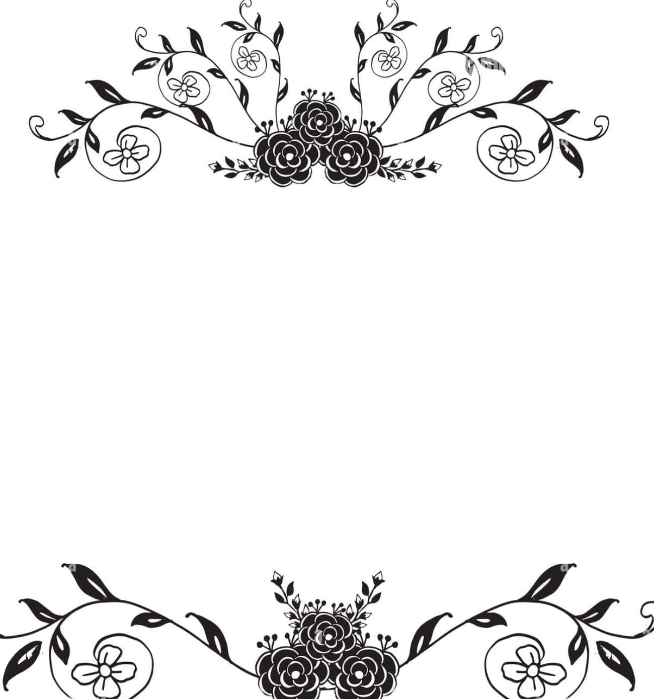 Elegant Floral 桌布 壁紙 — 優雅的黑白花卉邊框，玫瑰和藤蔓環繞空白區域的頂部和底部。
