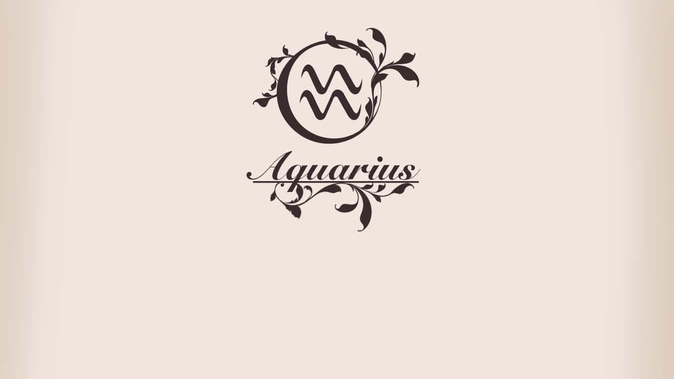 aquarius 桌布 壁紙 — 優雅的黑色水瓶座星座標誌，帶有華麗的葉狀裝飾，在柔和的米色背景上。