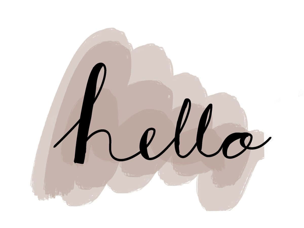 你好 桌布 壁紙 — 優雅的黑色草書「hello」一詞，停留在柔和的米色水彩筆觸之上，背景為潔淨的白色。