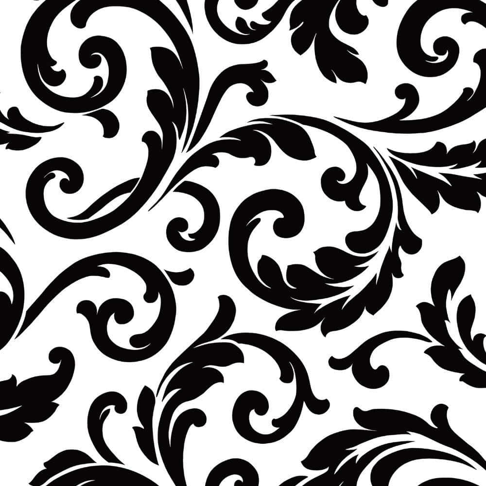 Beautiful Black And White 桌布 壁紙 — 優雅的黑色錦緞漩渦在純淨的白色背景上形成鮮明對比，呈現無縫重複圖案。