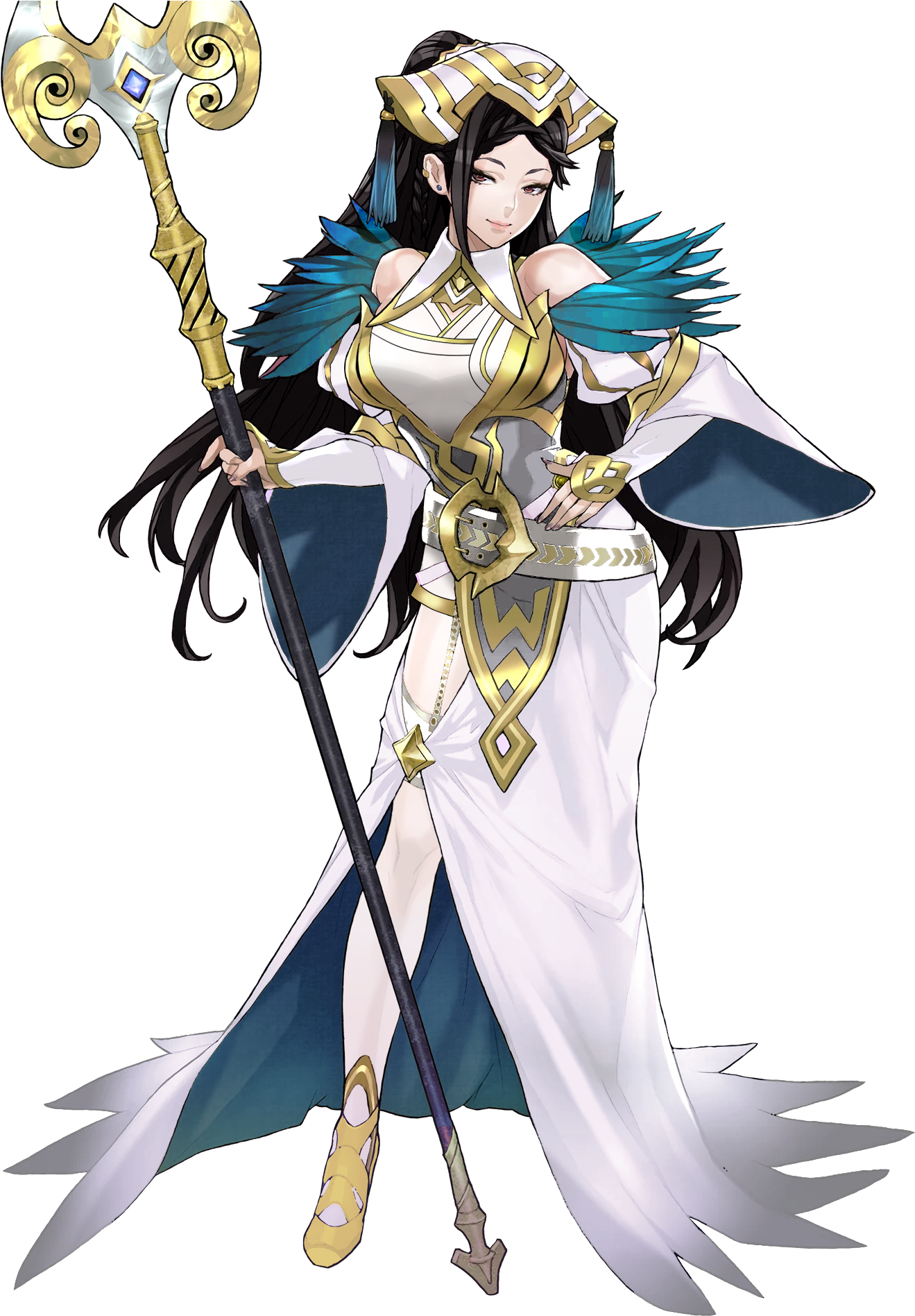 優雅神秘戰士插畫 壁紙 — 一位威嚴的動漫風格女戰士，身穿白金色盔甲，擁有藍色羽毛翅膀，在黑色背景前手持華麗法杖。