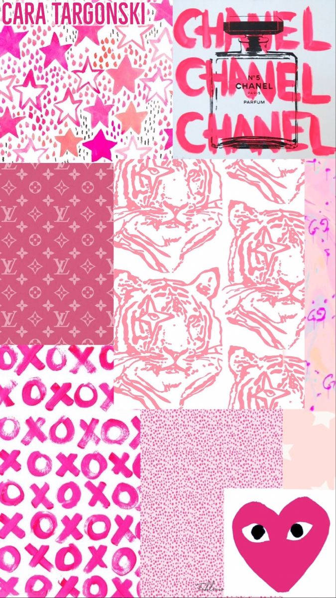 優雅粉紅奢華品牌標誌 壁紙 — 充滿活力的粉紅色拼貼畫， featuring Chanel 香水瓶、老虎臉、Louis Vuitton 字母圖案和心形圖案。