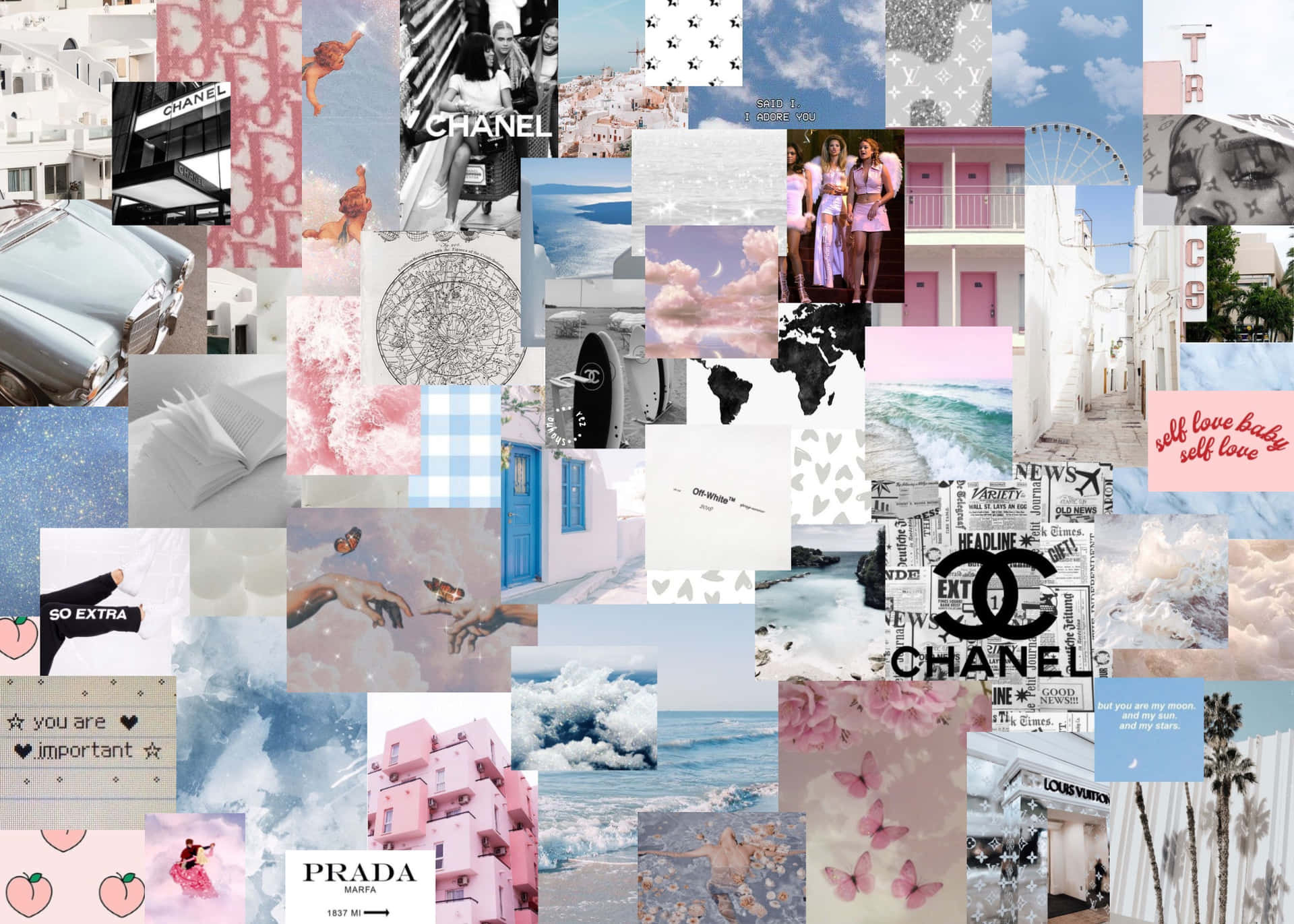 一個色彩繽紛的拼貼畫， featuring Chanel 和 Prada 標誌、粉彩天空、海洋場景和時尚元素。