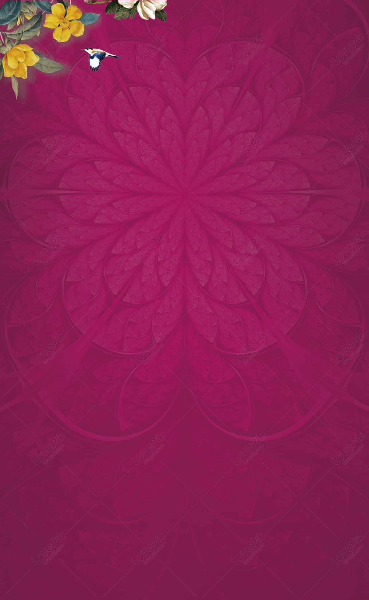 優雅紫色抽象紋理背景 壁紙 — 一個豐富的洋紅色牆紙，中央有花卉曼陀羅圖案和黃色花朵，頂角有一隻蜂鳥。