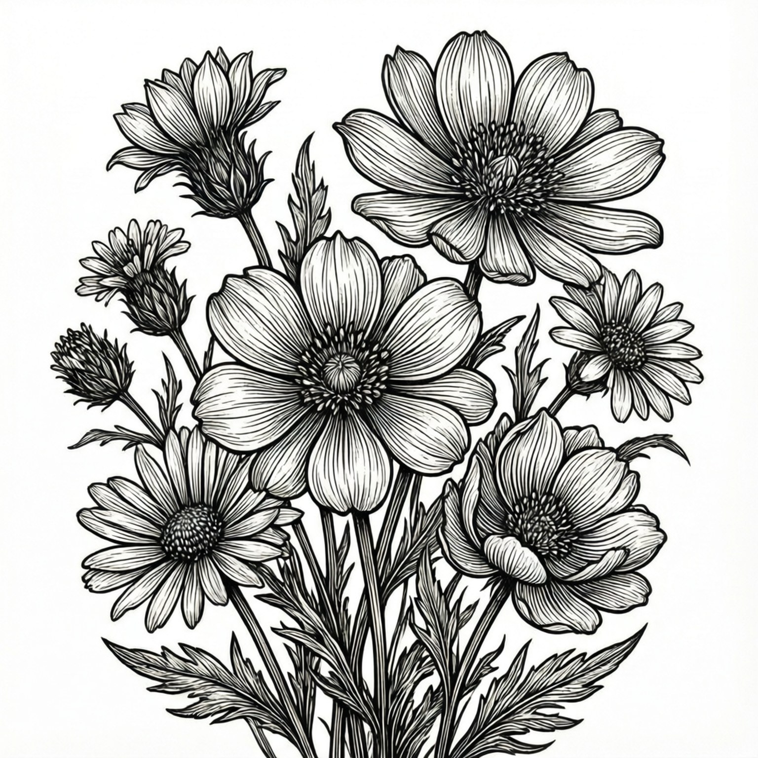 一幅黑白線條藝術插圖，描繪了帶有詳細花瓣和莖的花束。