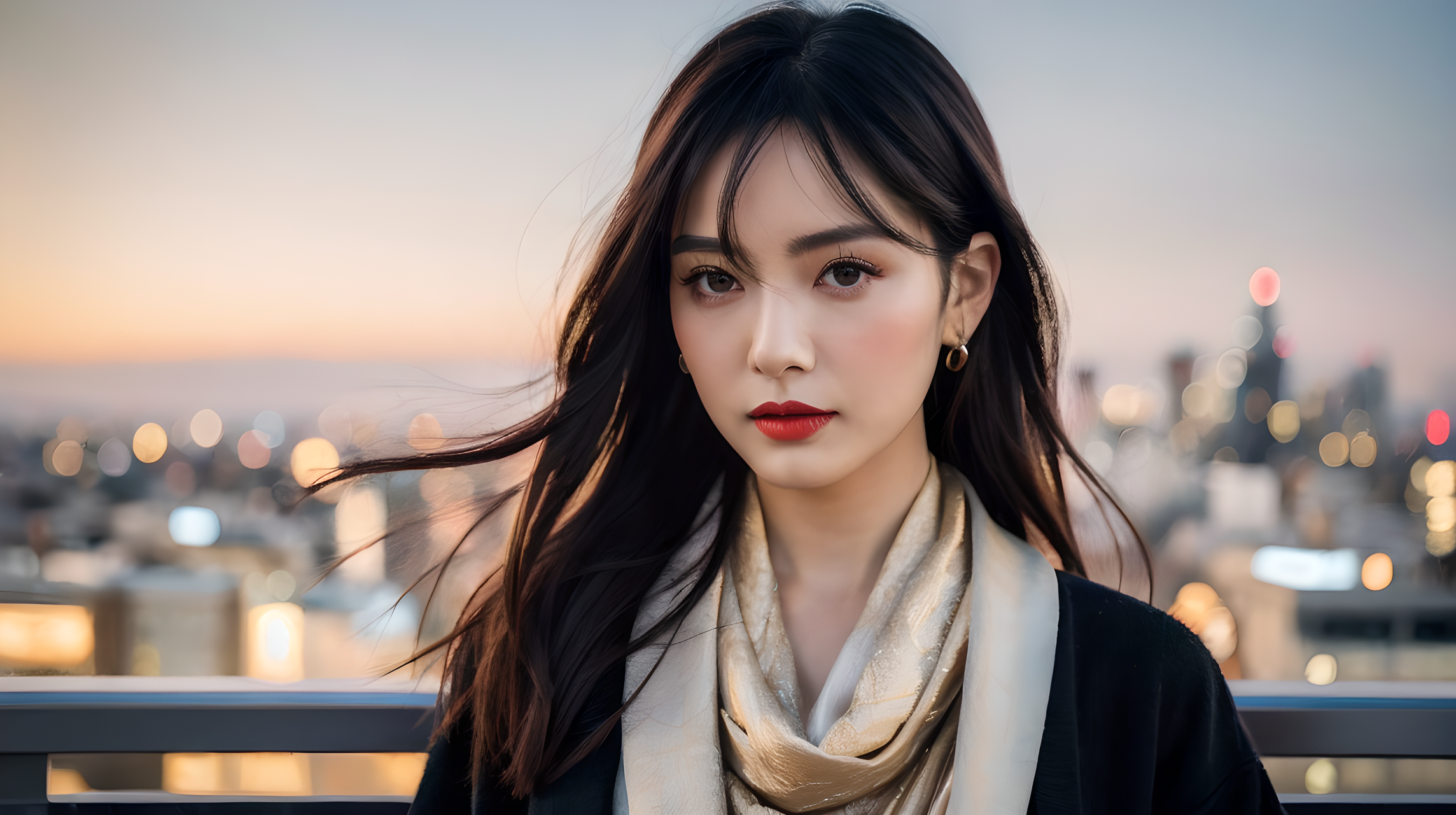 優雅美人 壁紙 — 一位深色頭髮、紅唇的女性在黃昏時站在屋頂上，身後是模糊的城市天際線。