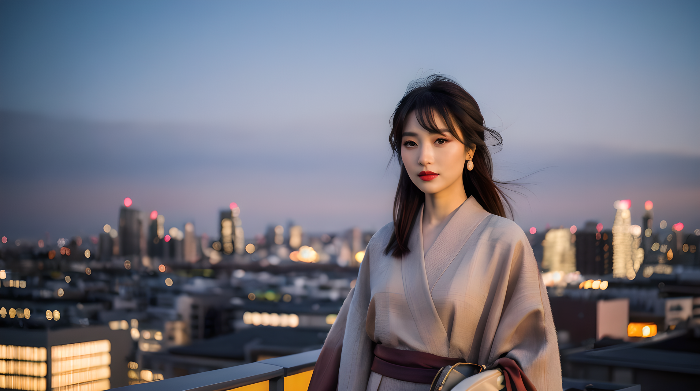 優雅美人 壁紙 — 一位身穿米色和服的女士站在屋頂陽台上，俯瞰著黃昏時分燈光柔和的城市景觀。