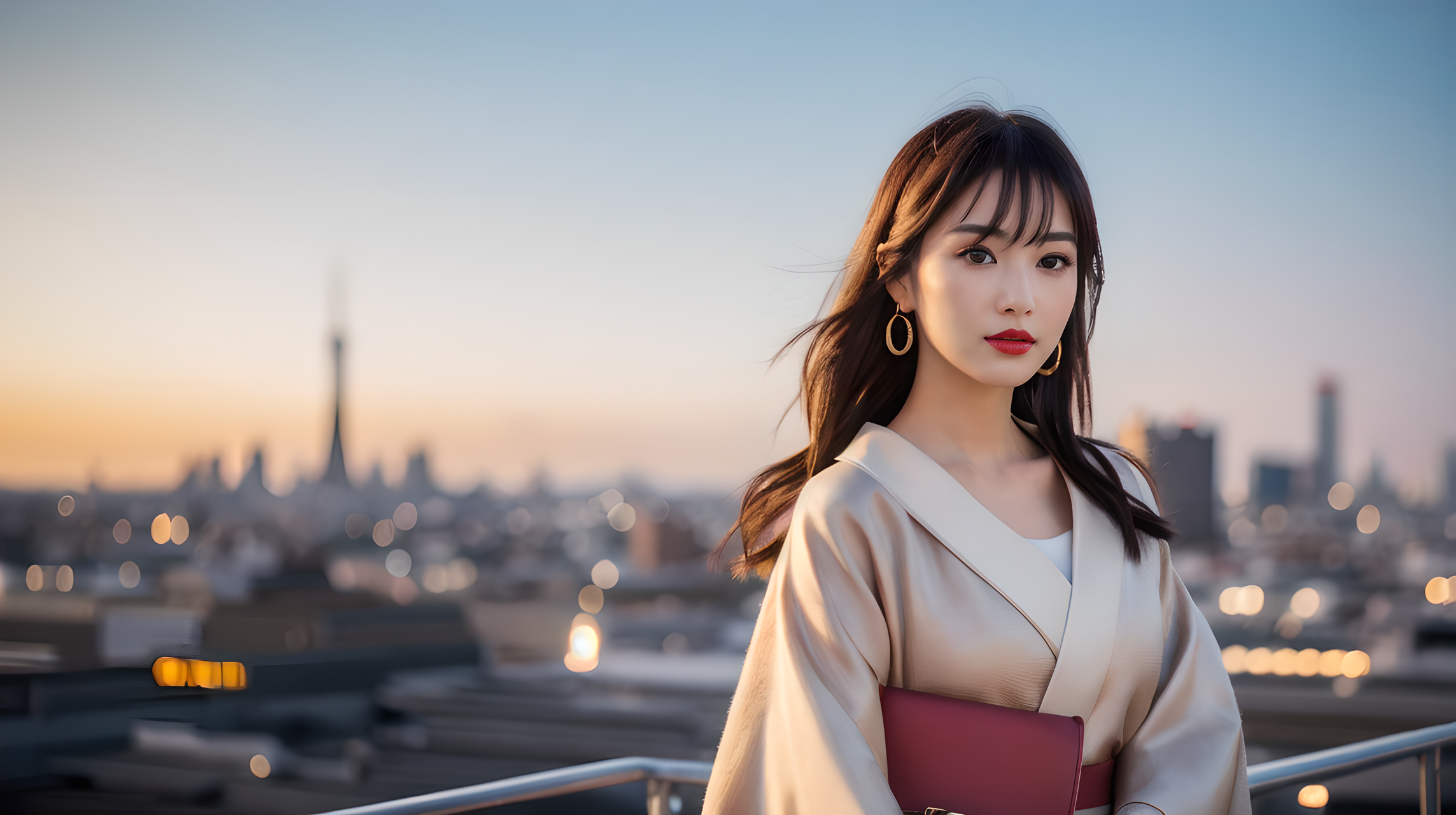 優雅美人 壁紙 — 一位身穿米色和服、手持紅色手拿包的女子站在屋頂上，俯瞰夕陽下閃閃發光的東京天際線。
