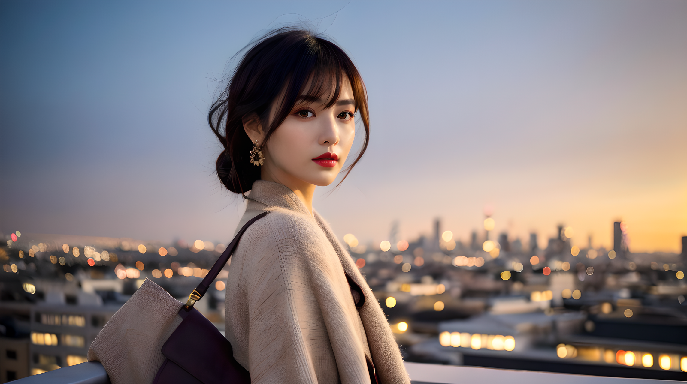 優雅美人 壁紙 — 一位身穿米色外套和紅色唇膏的女性站在屋頂上，俯瞰著日落時分帶有散景燈光的城市景觀。