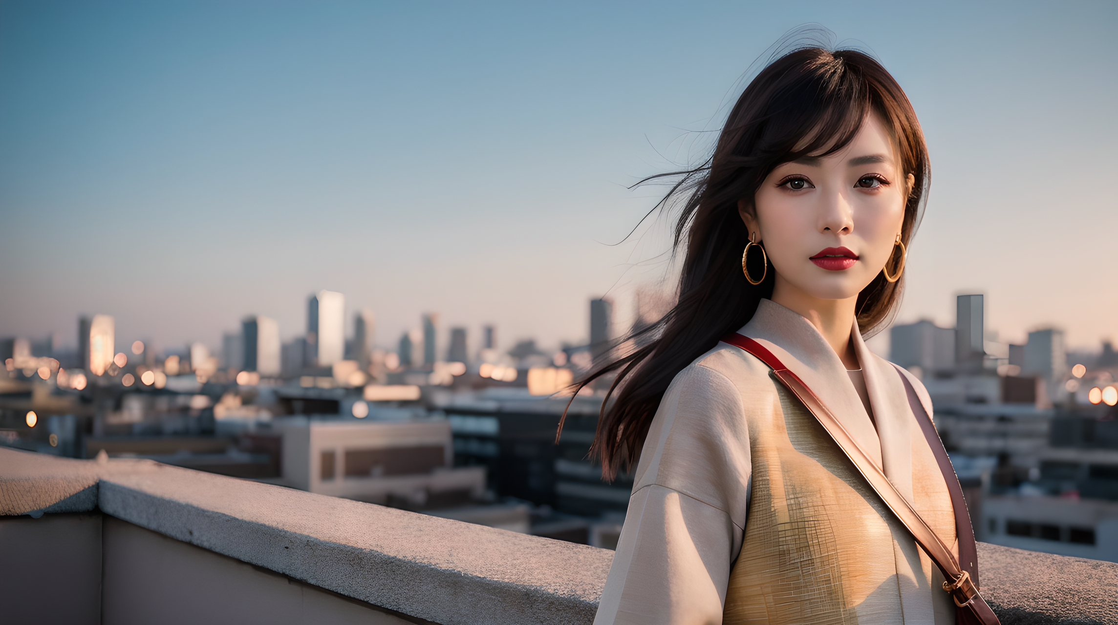 優雅美人 壁紙 — 一位頭髮被風吹拂的女性站在屋頂上，俯瞰著沐浴在金色時刻陽光下的城市景觀。