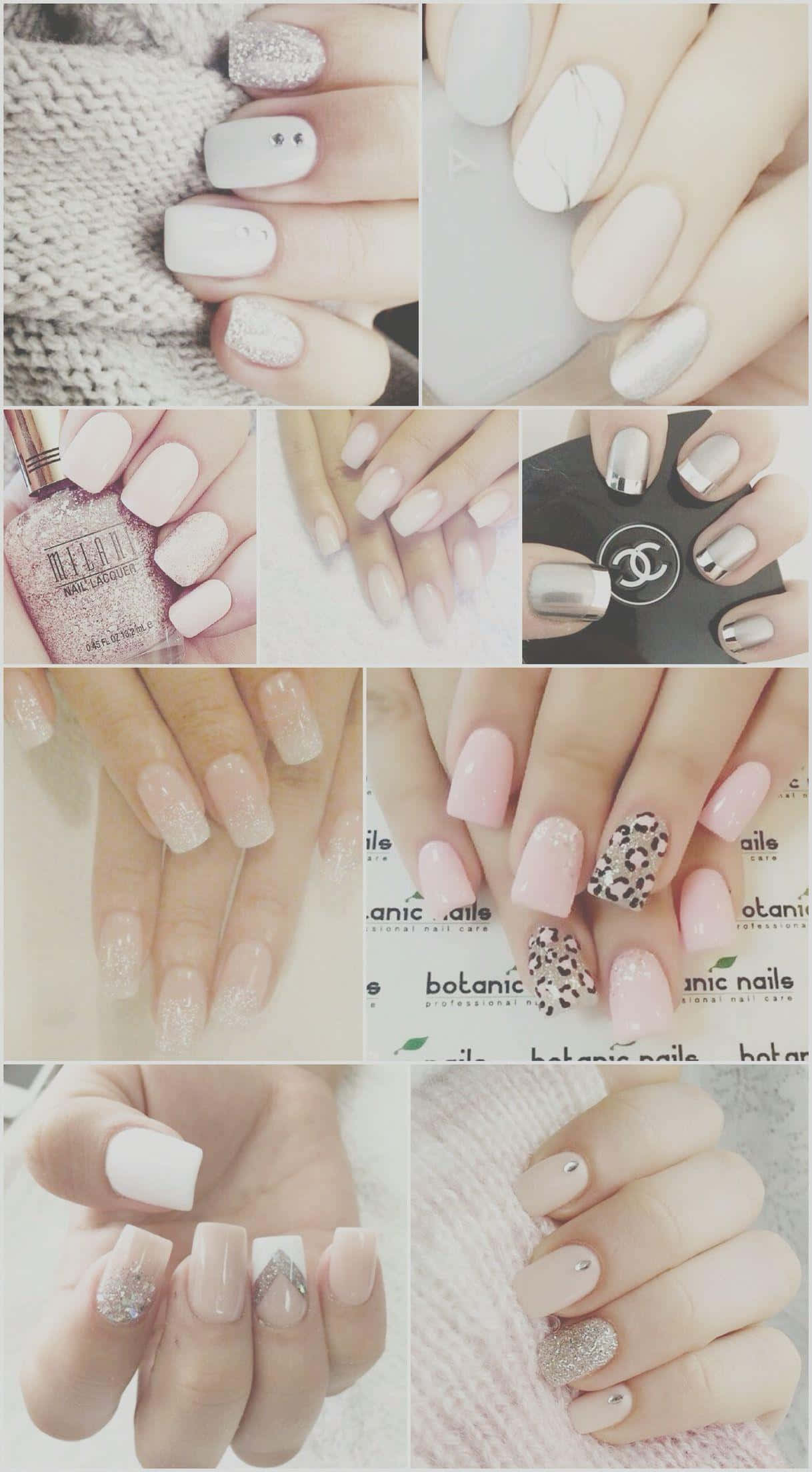 Cute Nails 桌布 壁紙 — 優雅美甲手部拼貼畫，展示各種指甲設計，包括閃粉、裸色、金屬色和豹紋點綴。