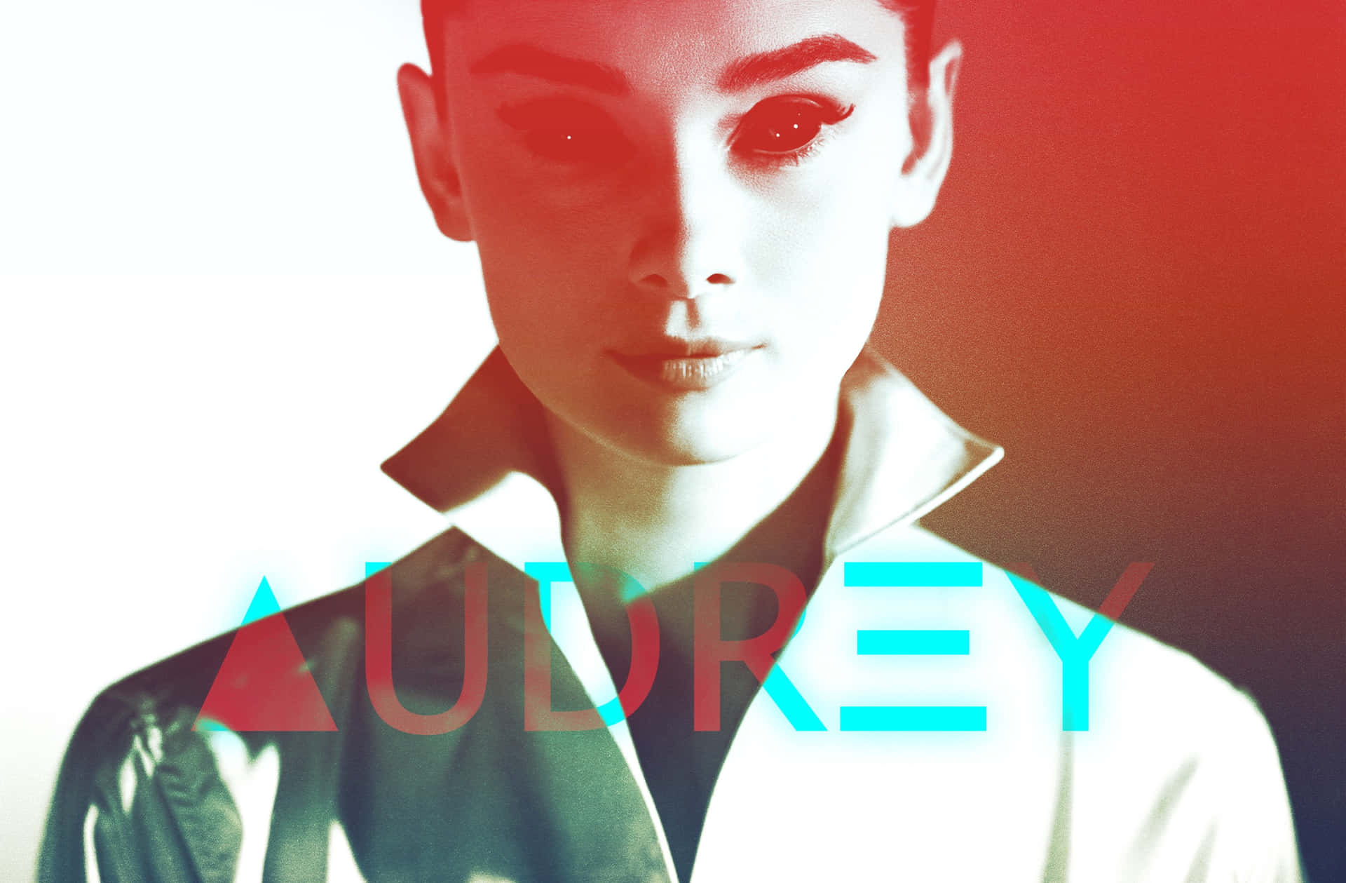 一個女性肖像，帶有紅色和青色燈光，以及發光文字的名字AUDREY。