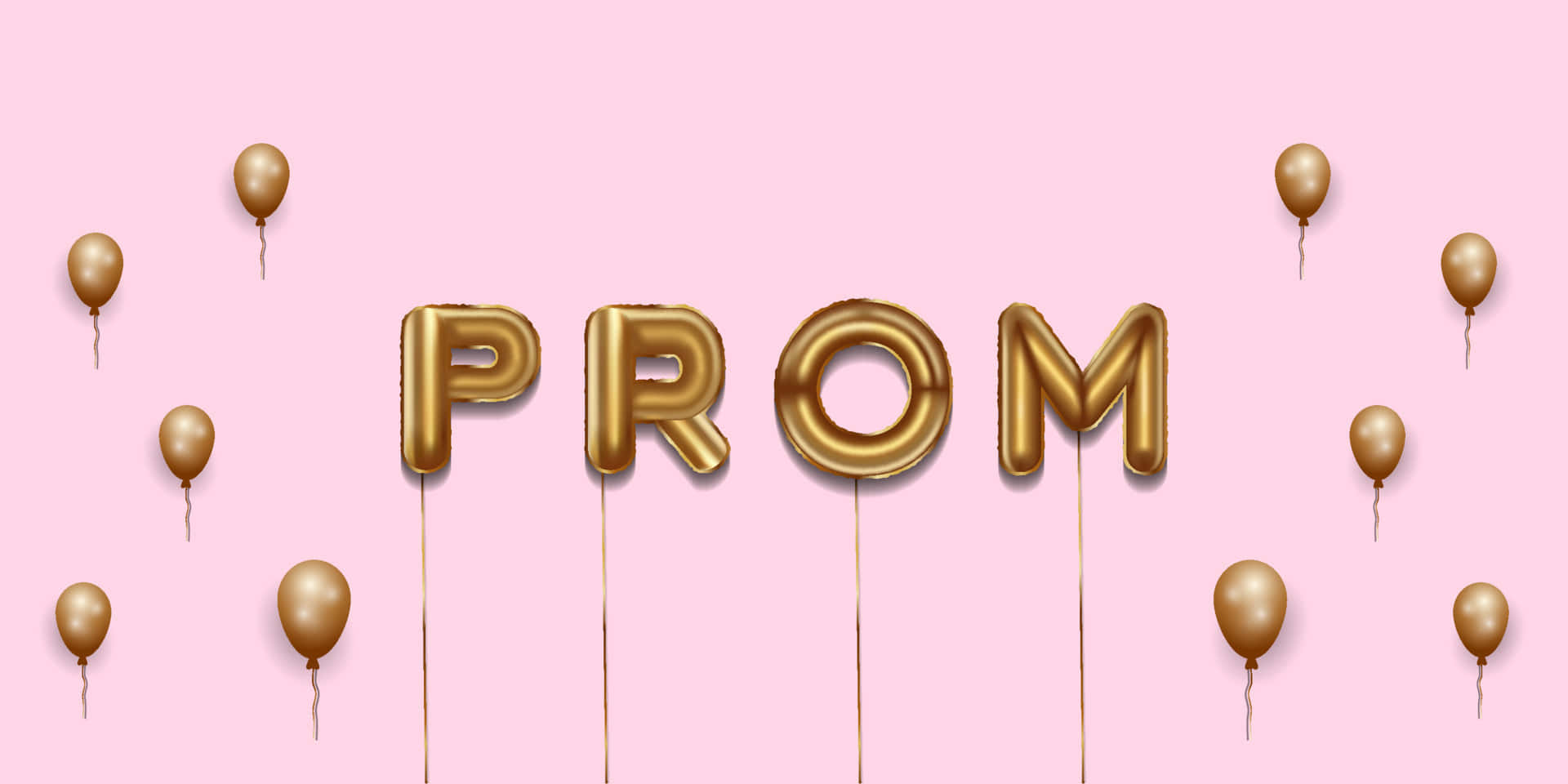 優雅舞會夜背景 壁紙 — 金色氣球字母拼出PROM，漂浮在柔和的粉紅色背景上，散落著金色氣球。