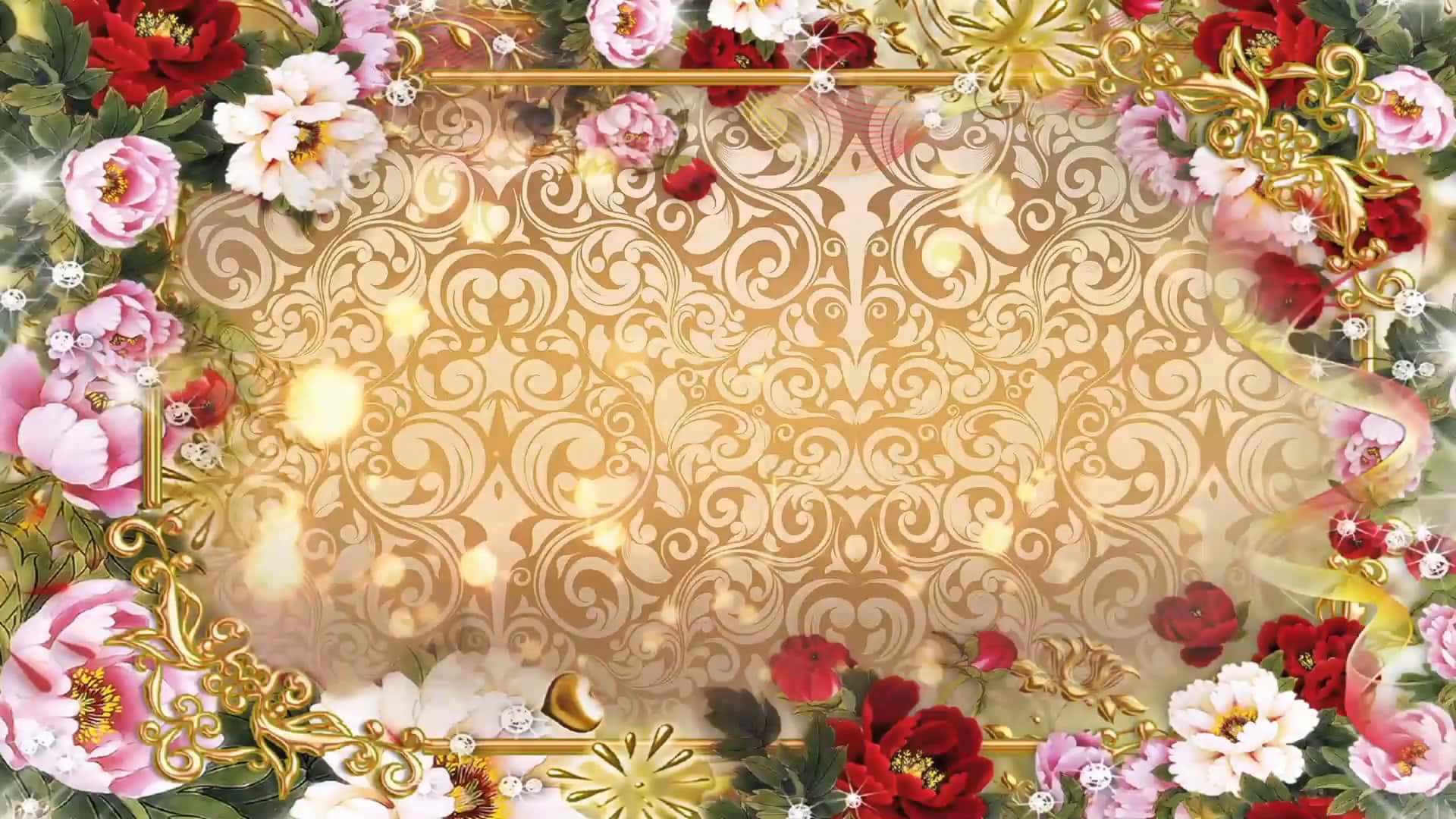優雅花卉婚禮背景 壁紙 — 華麗的金色錦緞壁紙，周圍環繞著茂盛的紅、粉紅和白色牡丹，並帶有閃閃發光的亮片點綴。