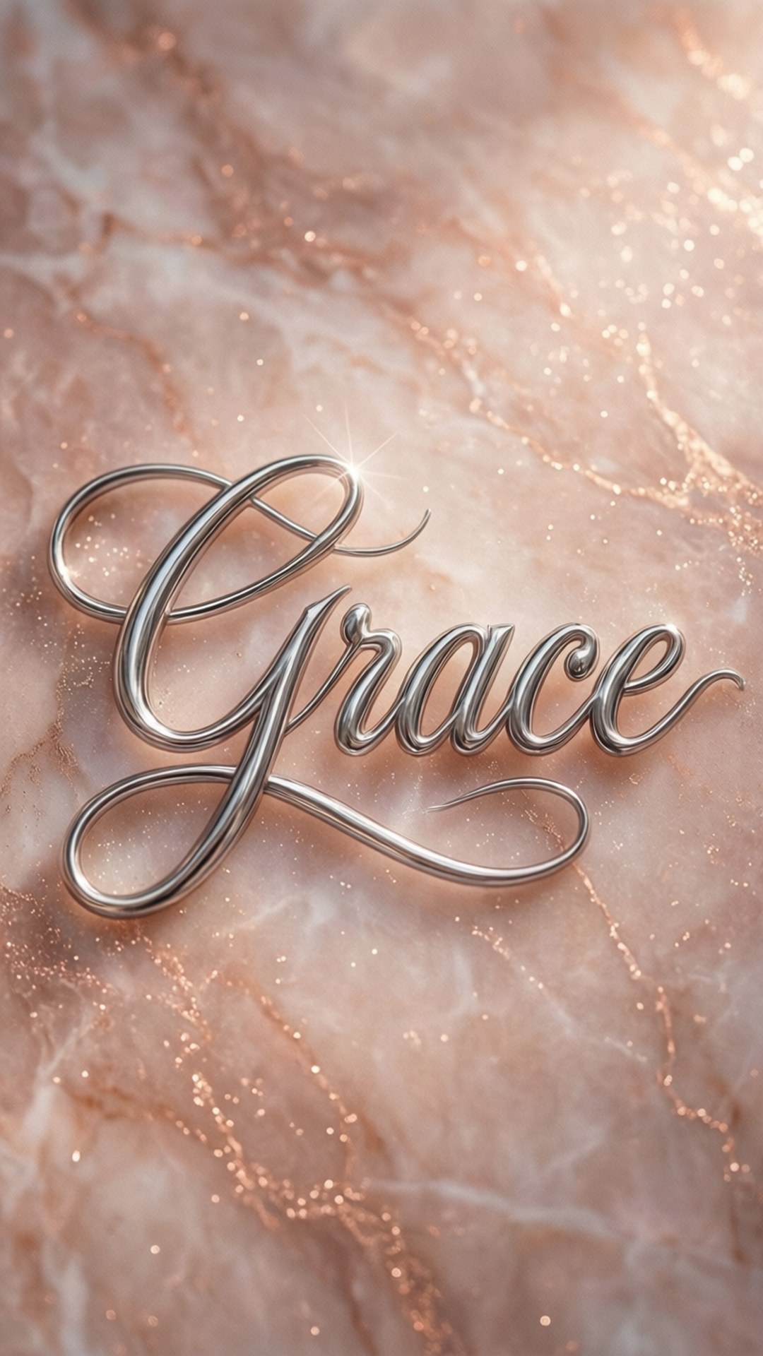 優雅草書 壁紙 — 「Grace」這個詞以閃亮的金屬字體呈現，放置在灑滿閃爍金粉的柔軟粉紅色大理石表面上。
