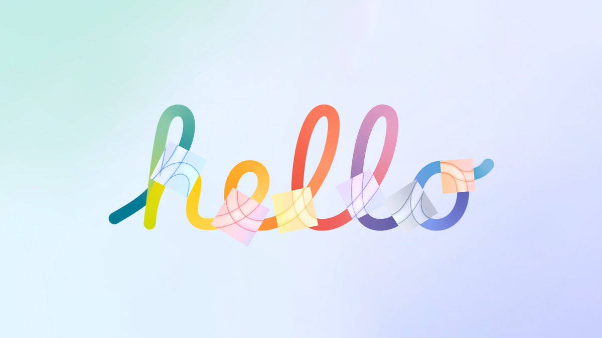 優雅草書「Hello」設計 壁紙 — 「hello」一詞以鮮豔的彩虹色絲帶字母呈現，半透明幾何形狀疊加在柔和的漸變背景上。