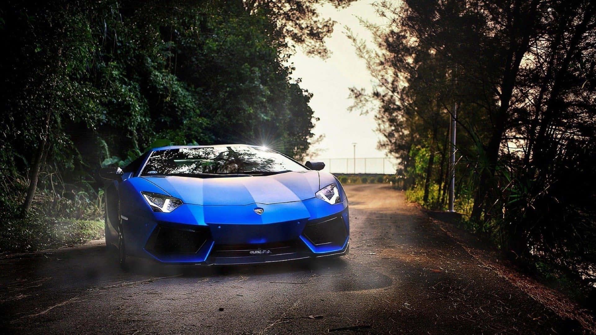 日落時分，藍色林寶堅尼 Aventador SVJ 停泊在森林道路上。