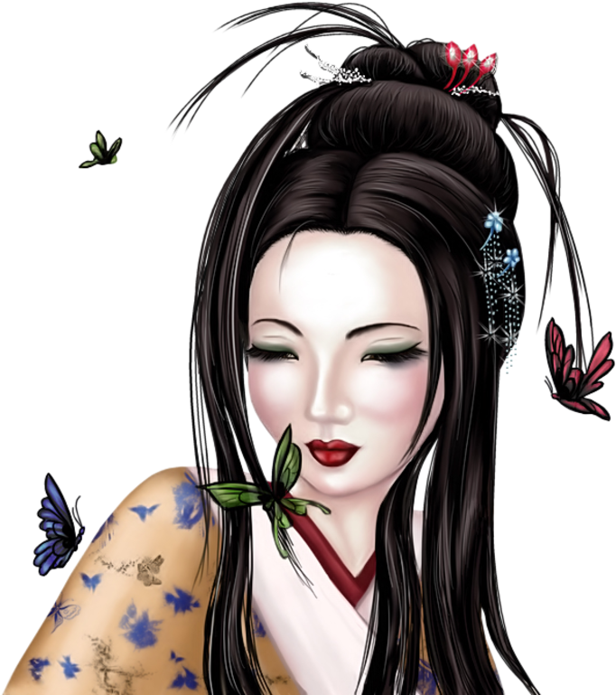 優雅藝妓藝術作品 壁紙 — 一位寧靜的動漫風格女性，身穿傳統服飾，飾有蝴蝶和花卉髮夾，背景為黑色。