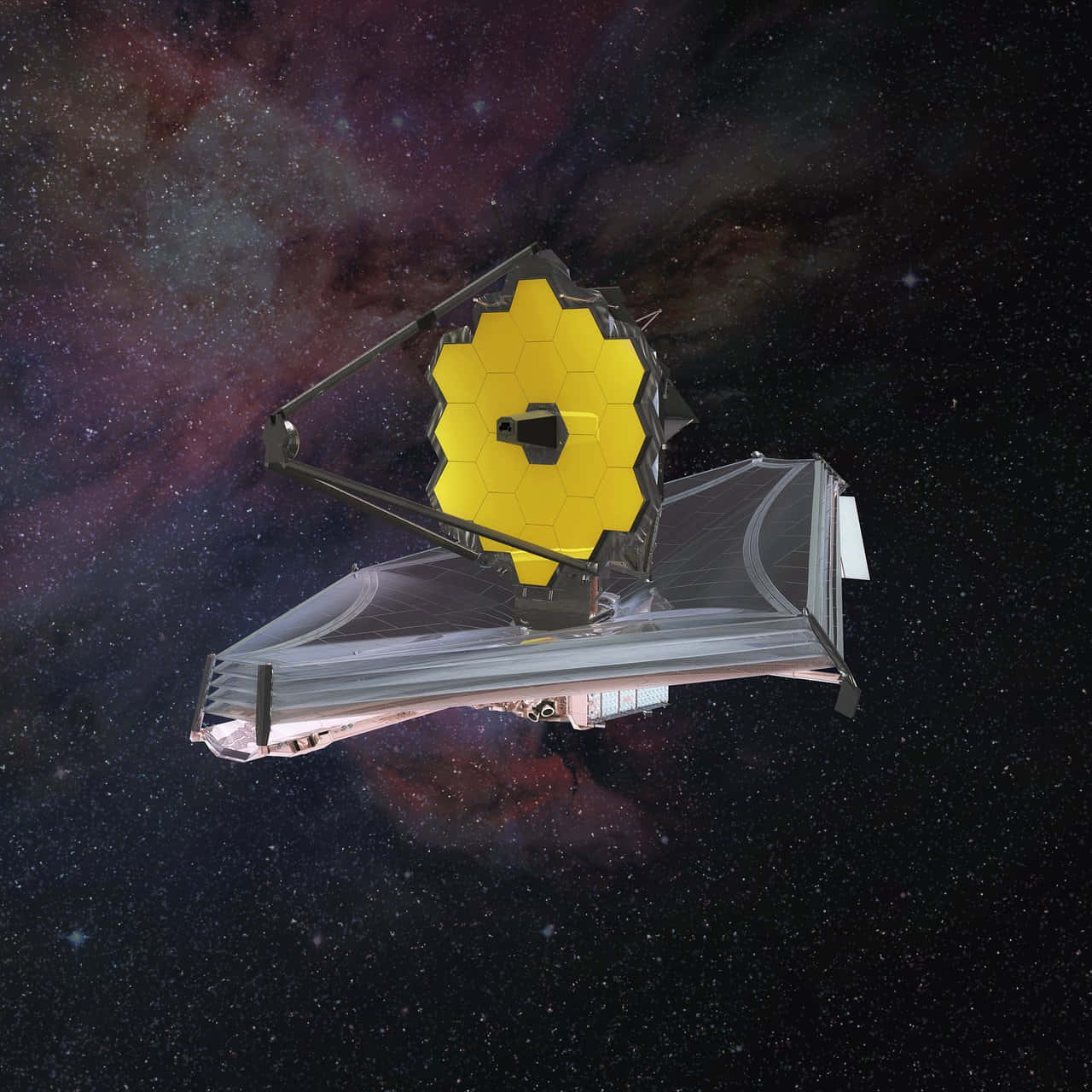 詹姆斯·韋伯太空望遠鏡在深空中，背後有色彩繽紛的星雲
