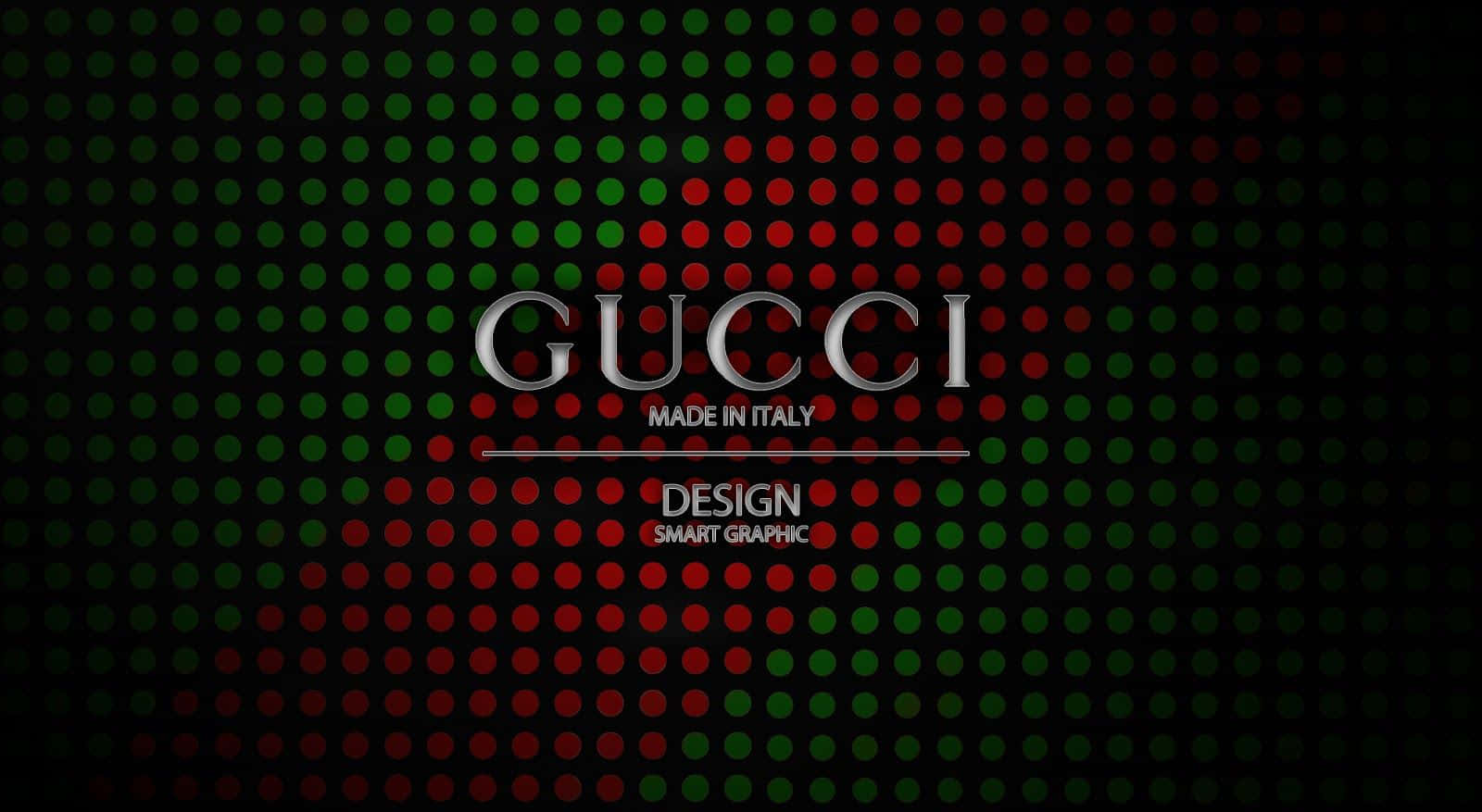 Gucci標誌在黑色背景上帶有紅色和綠色圓點。