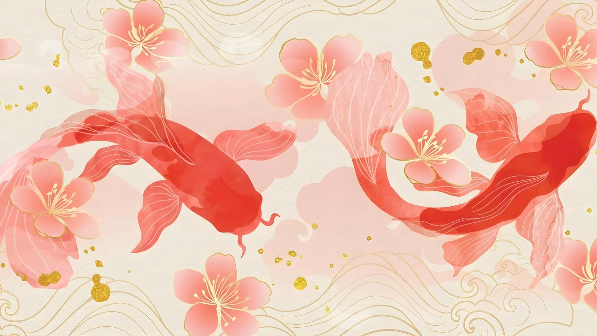 兩條紅色錦鯉穿過粉紅櫻花和金色波浪游動。