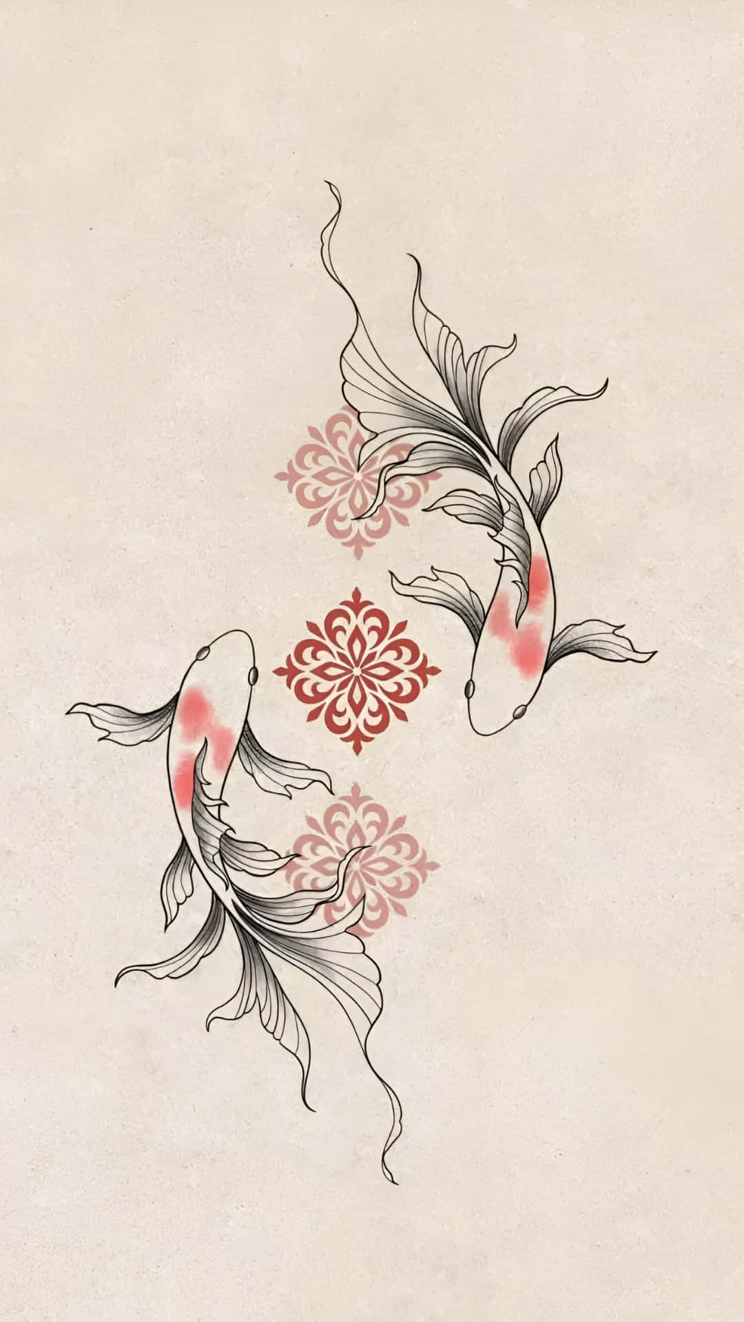 優雅錦鯉藝術 壁紙 — 兩條優雅的錦鯉在帶有紋理的米色背景上，圍繞華麗的紅色花卉圖案優雅地游動。