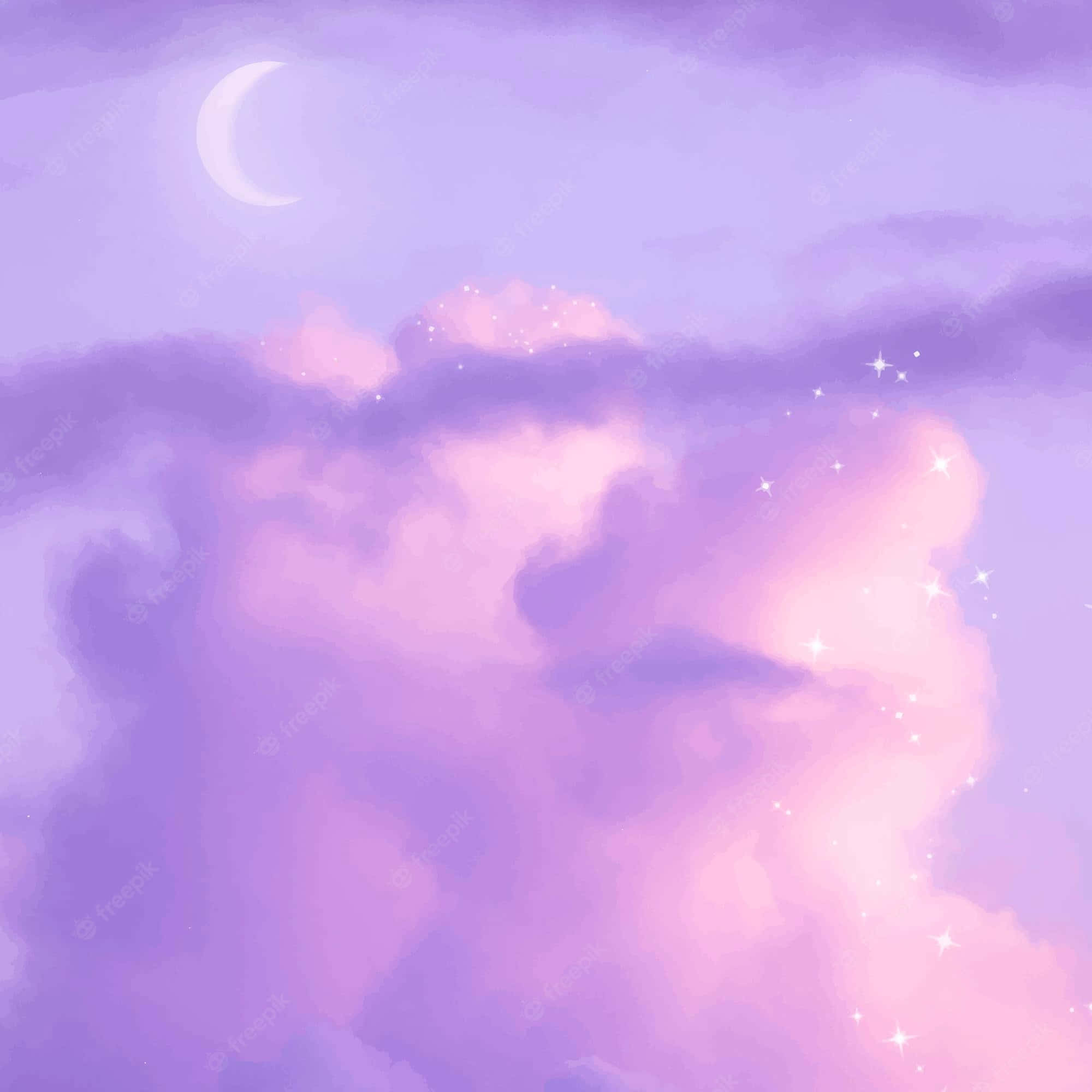 優雅雲與月圖 壁紙 — 夢幻的水彩天空，帶有柔和的紫色雲彩、新月和閃爍的星星，溫柔地發光。