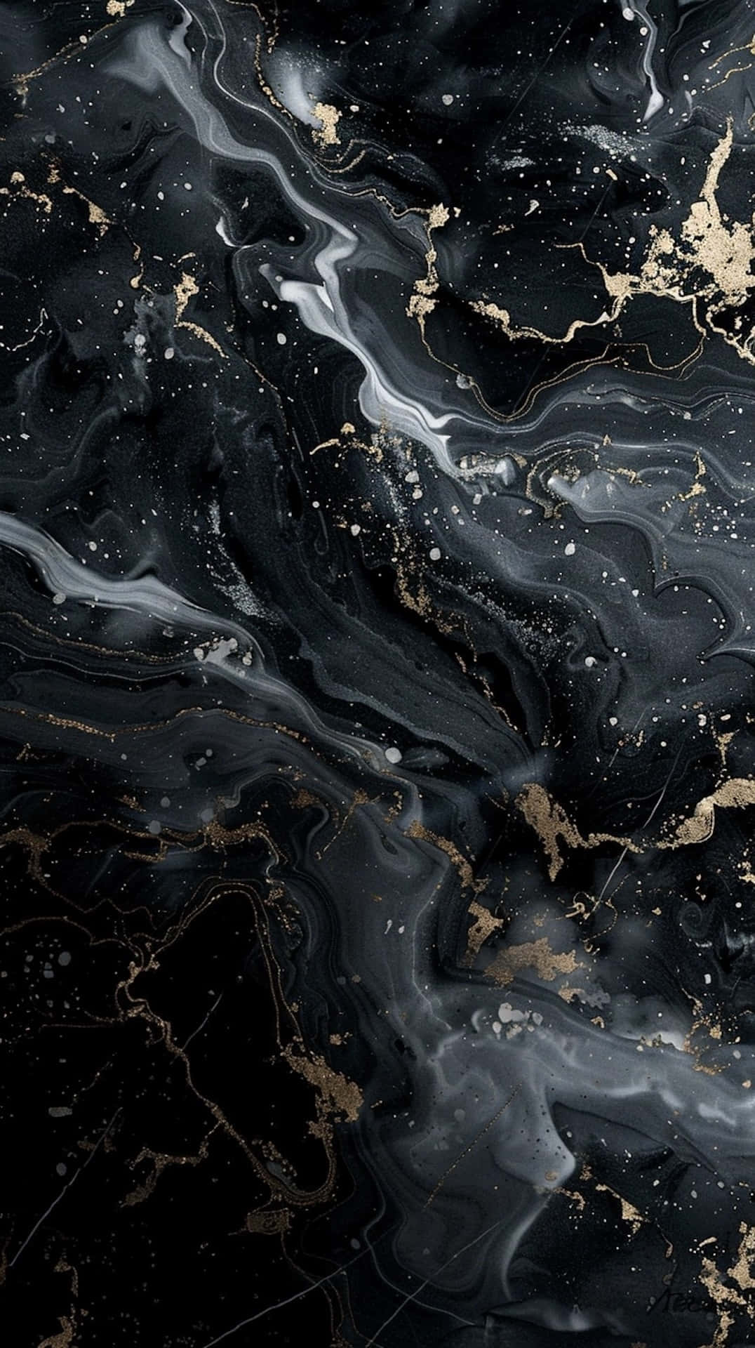  壁紙 — 優雅黑色大理石流動著銀色和金色紋理，營造出奢華抽象圖案。