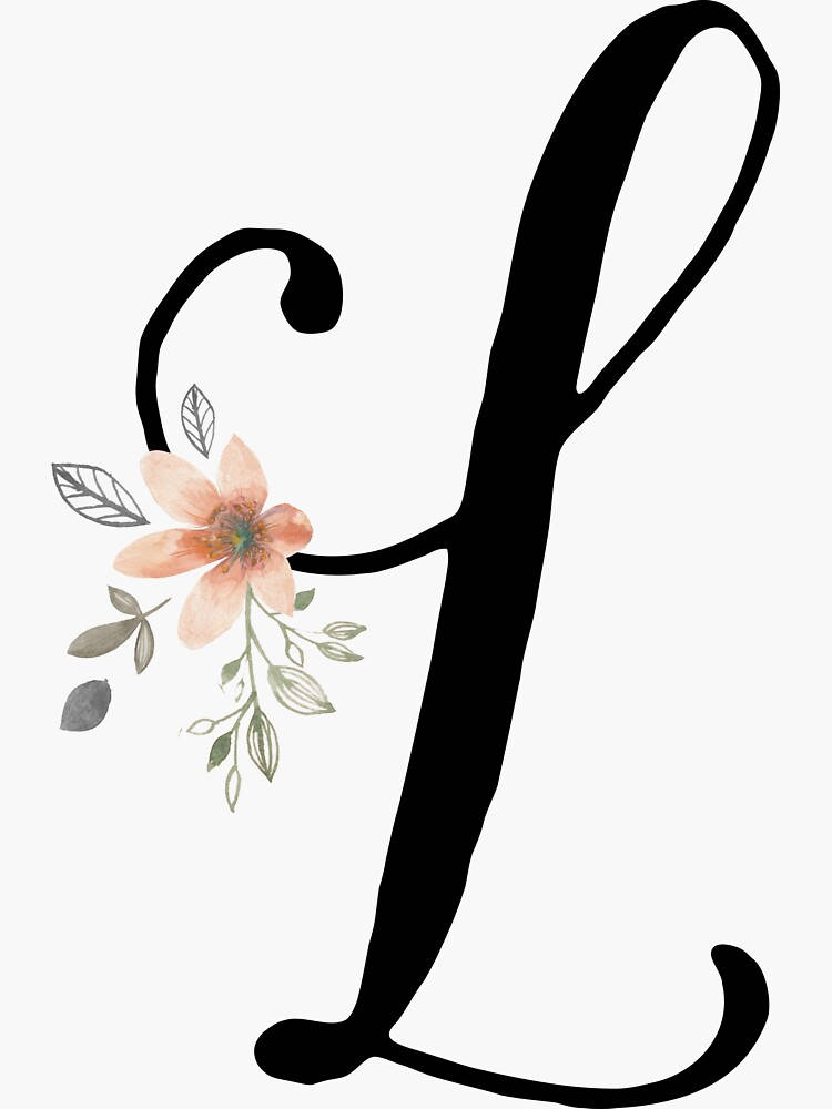 時尚的黑色草書字母L，飾有蜜桃花和綠葉。