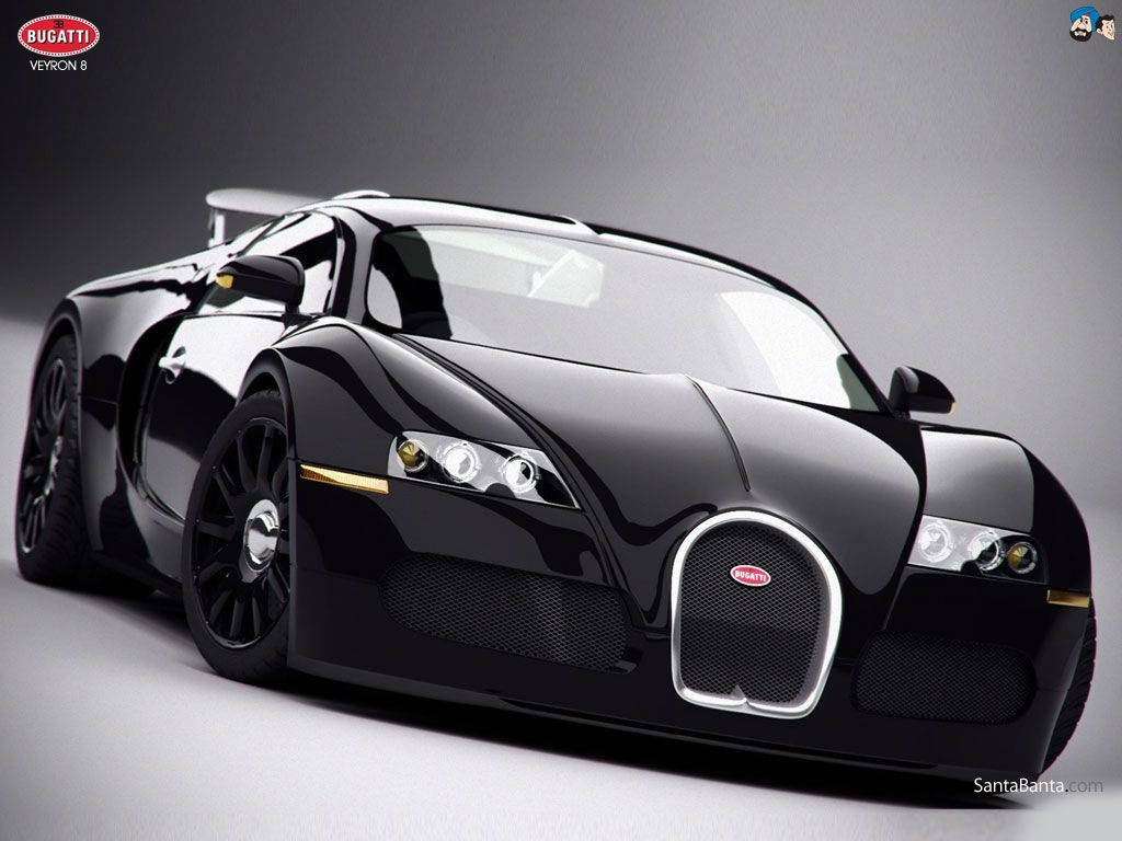 黑色Bugatti Veyron 8超級跑車在攝影棚中，帶有鍍鉻細節
