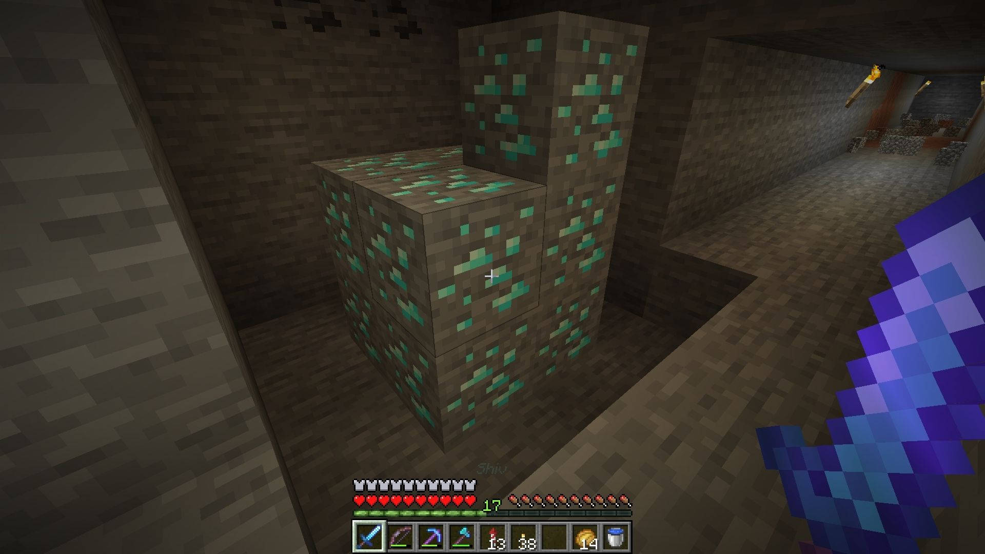 儲存 Minecraft 鑽石 壁紙 — 一位Minecraft玩家喺昏暗嘅地下洞穴入面，拎住一把鑽石劍，旁邊有發光嘅綠色鑽石礦石方塊。
