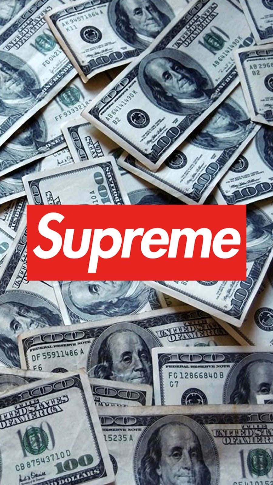 Supreme標誌在百元美鈔床上。