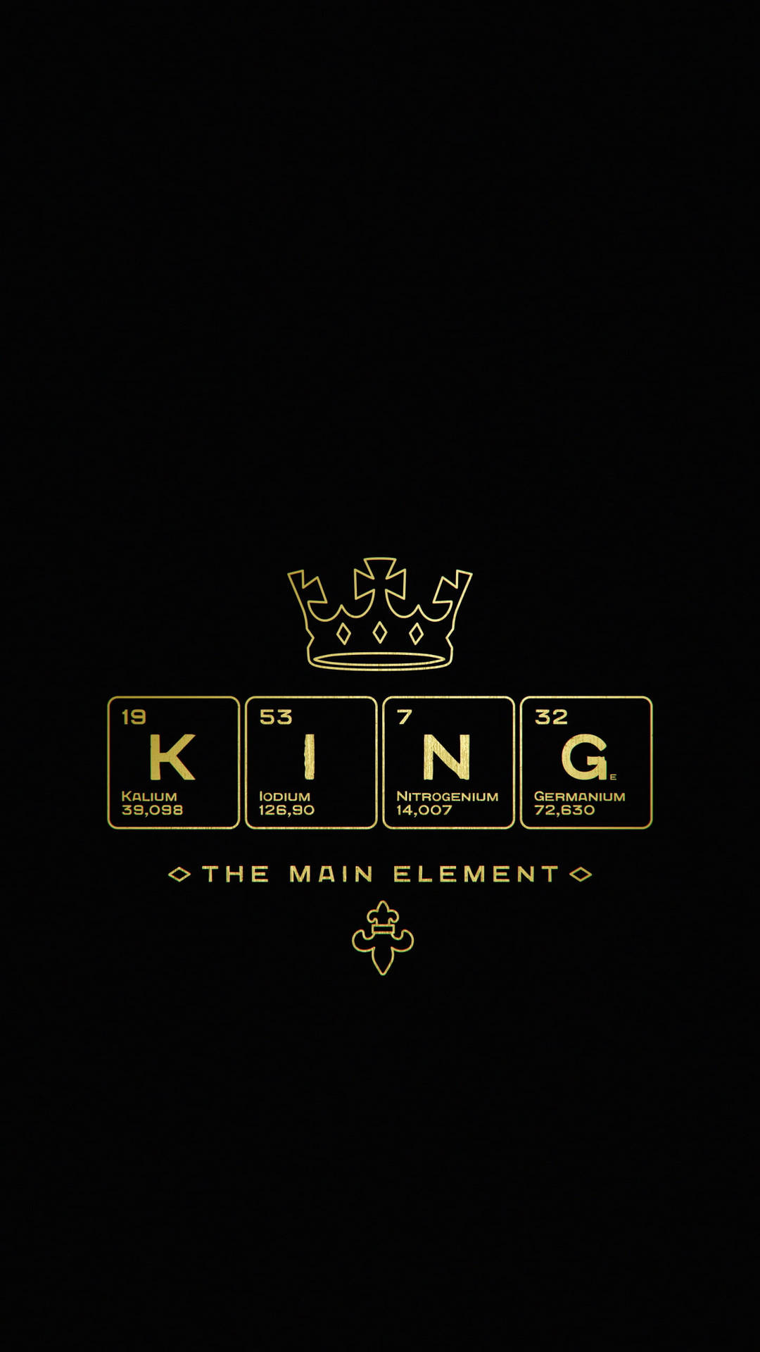 黑色背景上，用元素週期表元素和皇冠拼出的金色「KING」。