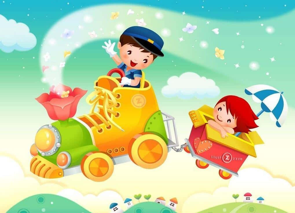 孩子們乘坐色彩繽紛的鞋子形狀火車，穿過有雲朵和蝴蝶的夢幻天空。