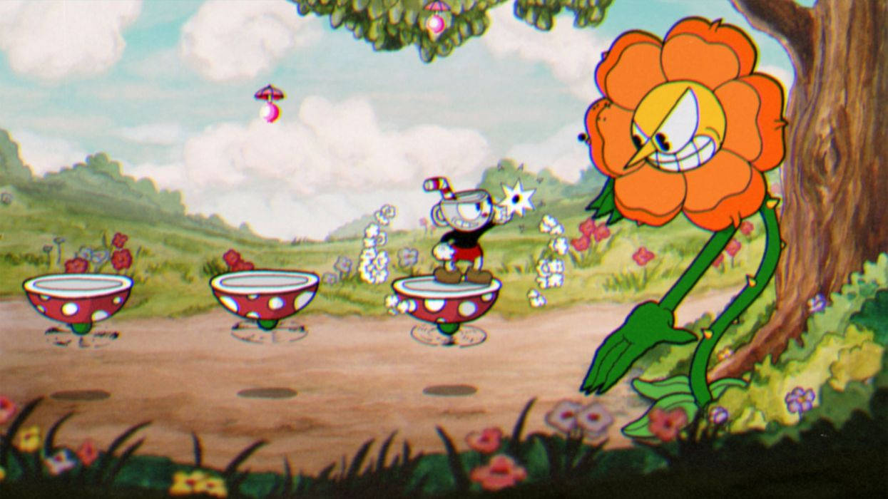 Cuphead 在旋轉的碟子上，面對著草地上的一朵大笑的橙色花。